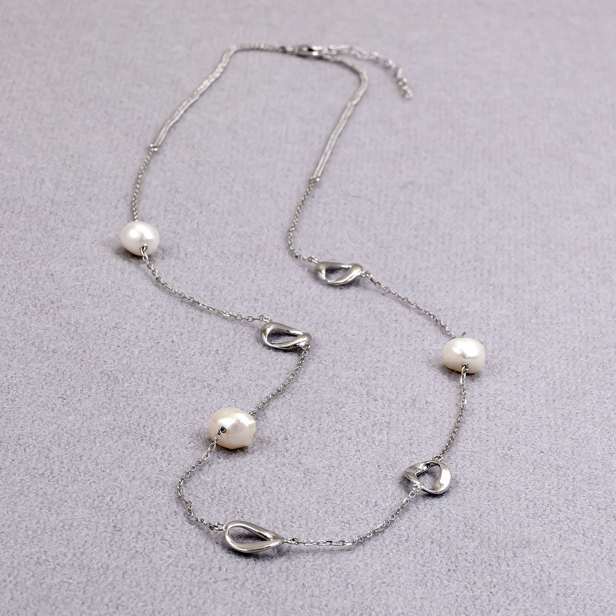 Sterling Silver Open Ovals & Freshwater Baroque Pearls Long Necklace