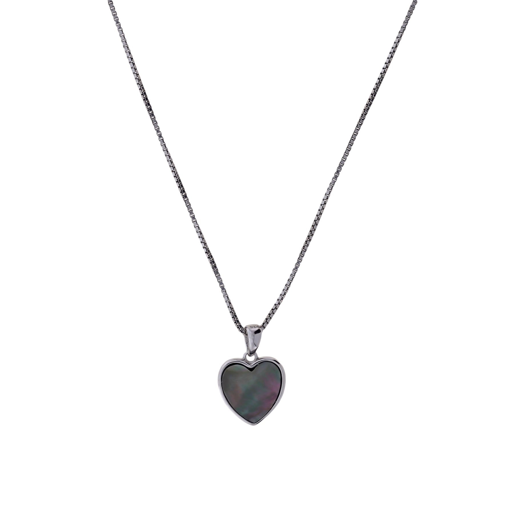 Elegant sterling silver pendant featuring a grey mother of pearl heart set on a fine chain, exemplifying timeless British silver jewellery design.