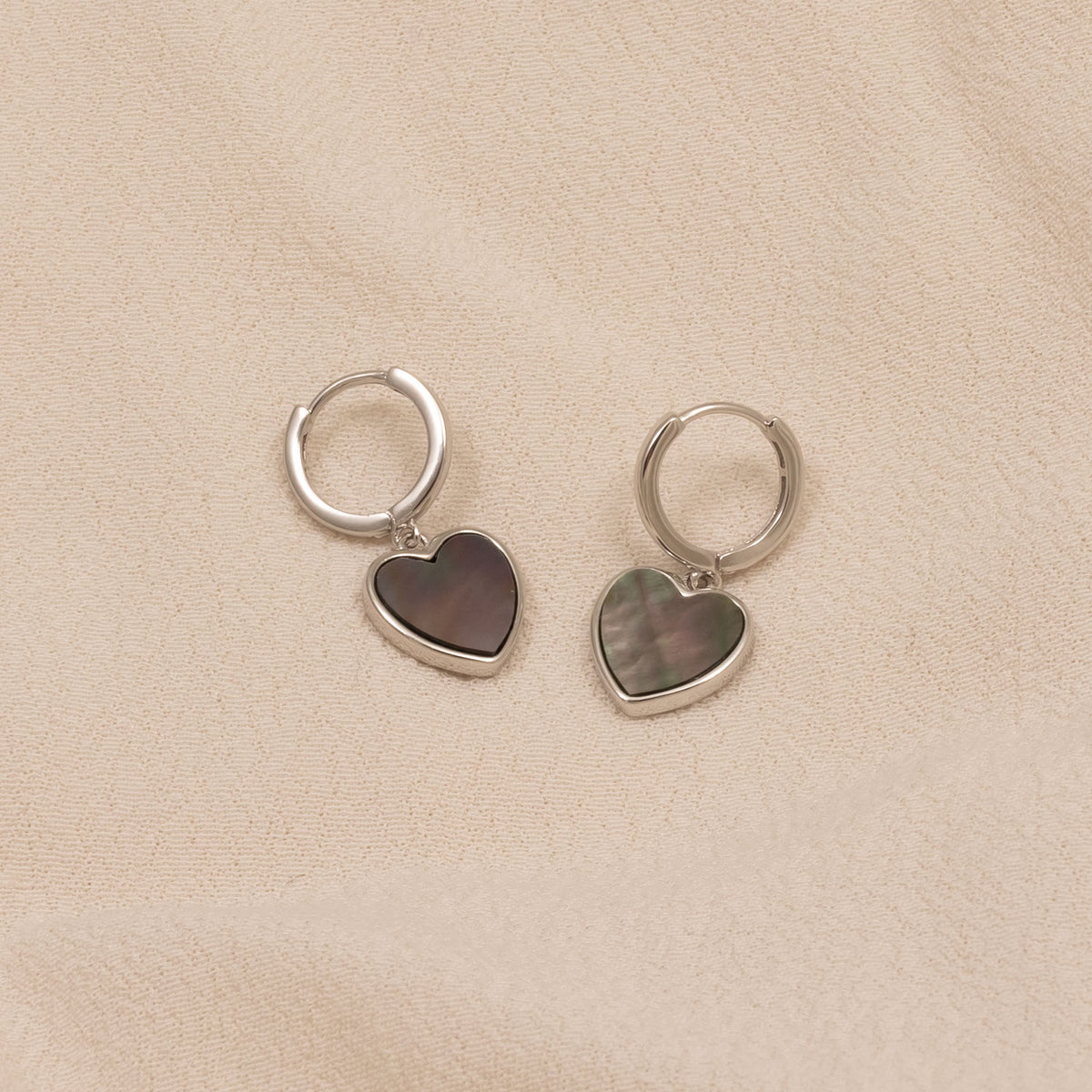 Sterling Silver & Grey Mother of Pearl Heart Charm Hoop Earrings