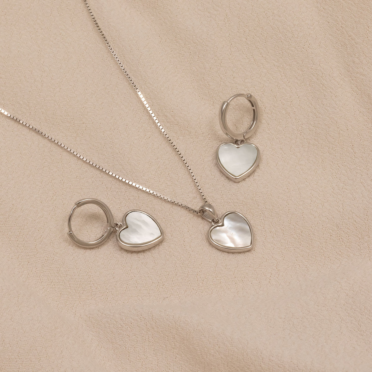 Sterling Silver & White Mother of Pearl Heart Charm Hoop Earrings
