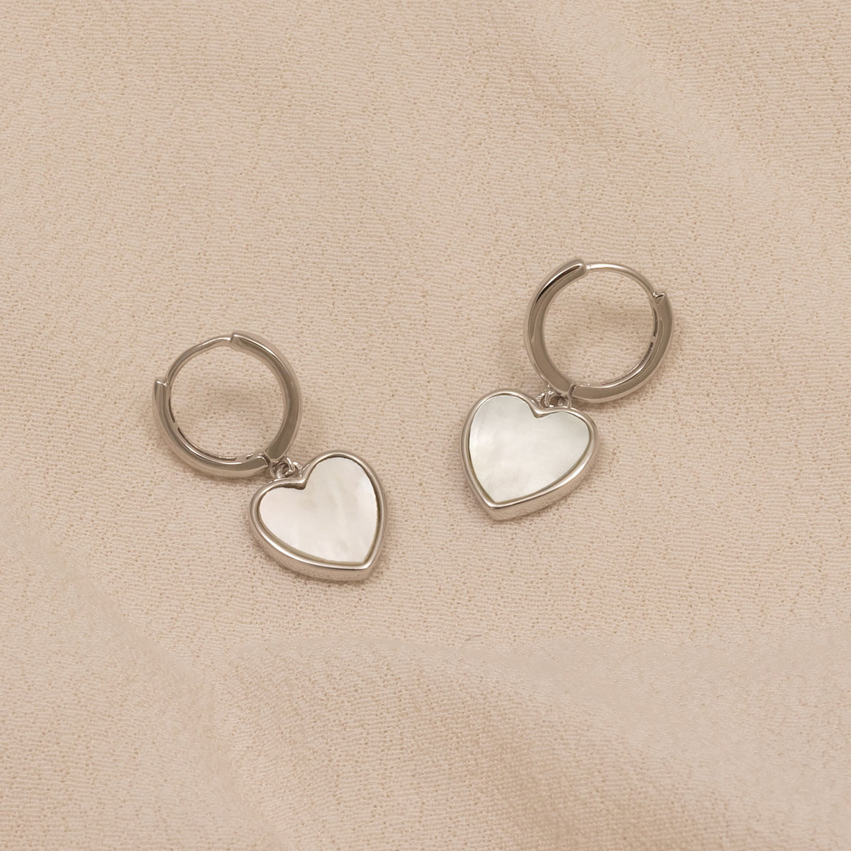 Sterling Silver & White Mother of Pearl Heart Charm Hoop Earrings