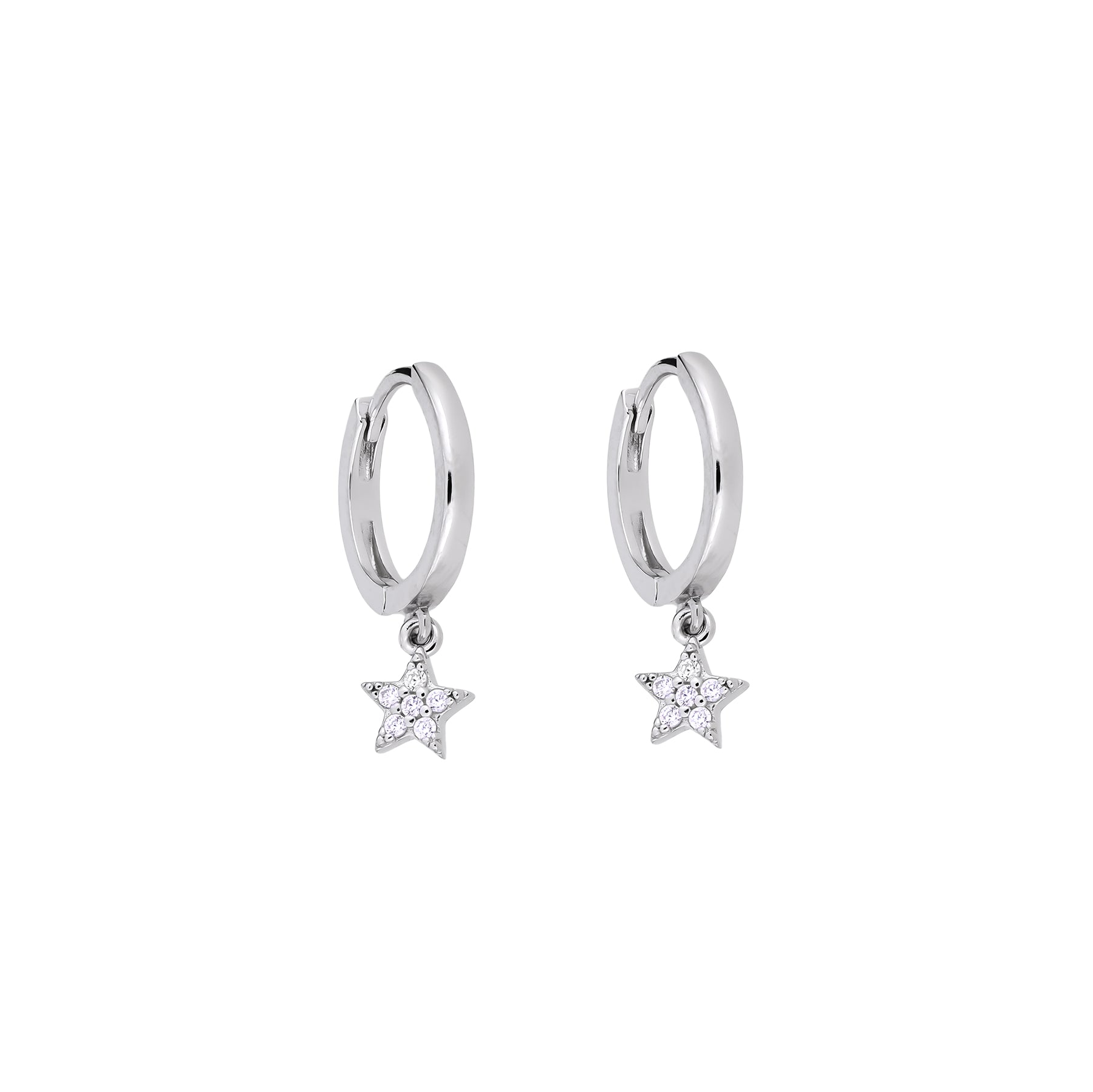 Sterling silver hoop earrings featuring delicate star-shaped charms adorned with sparkling stones, showcasing modern British silver jewellery design by Azendi.