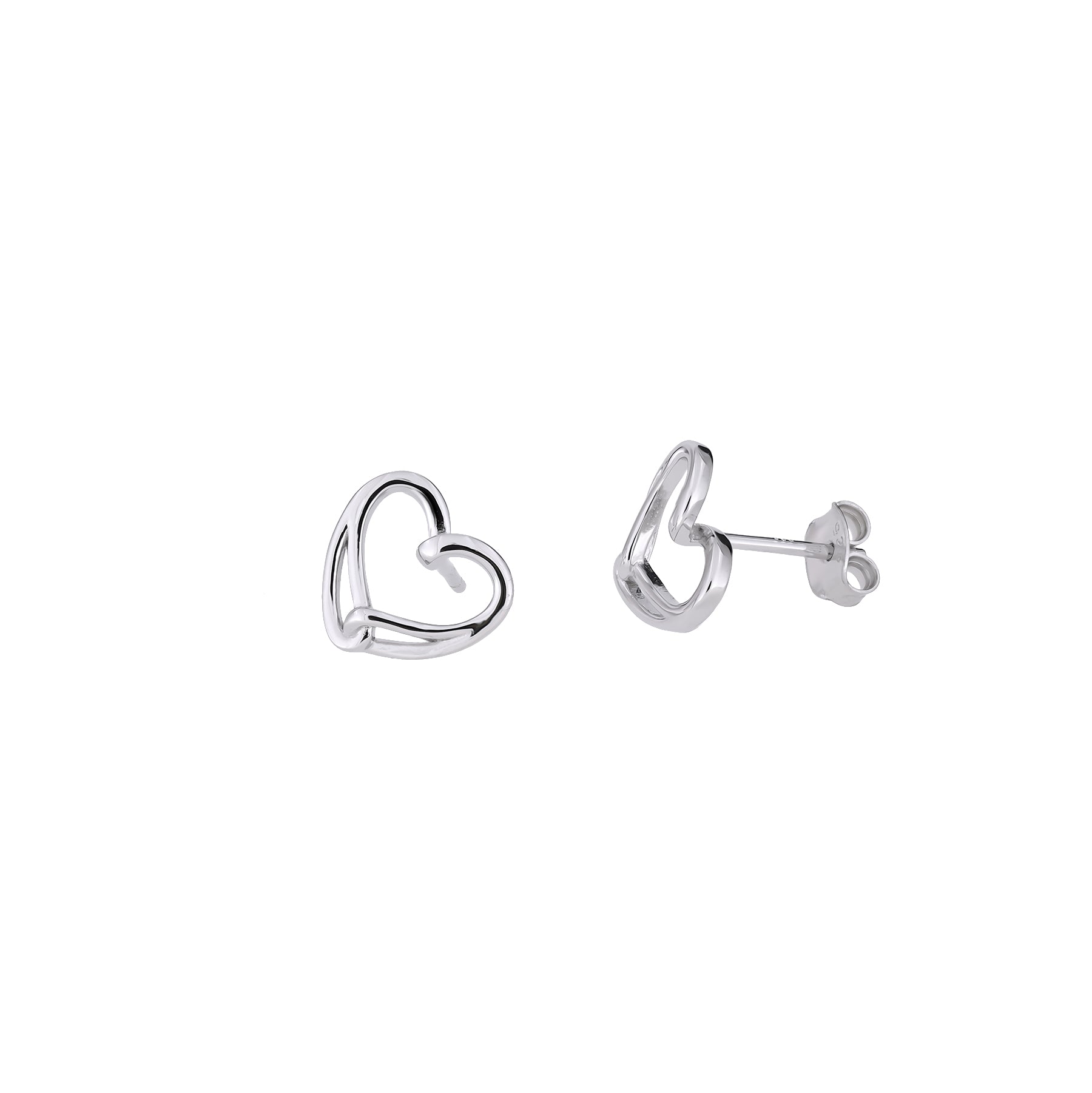 Pair of sterling silver stud earrings featuring a sculptural intertwined heart design with a smooth, polished finish, embodying contemporary fine silver jewellery.