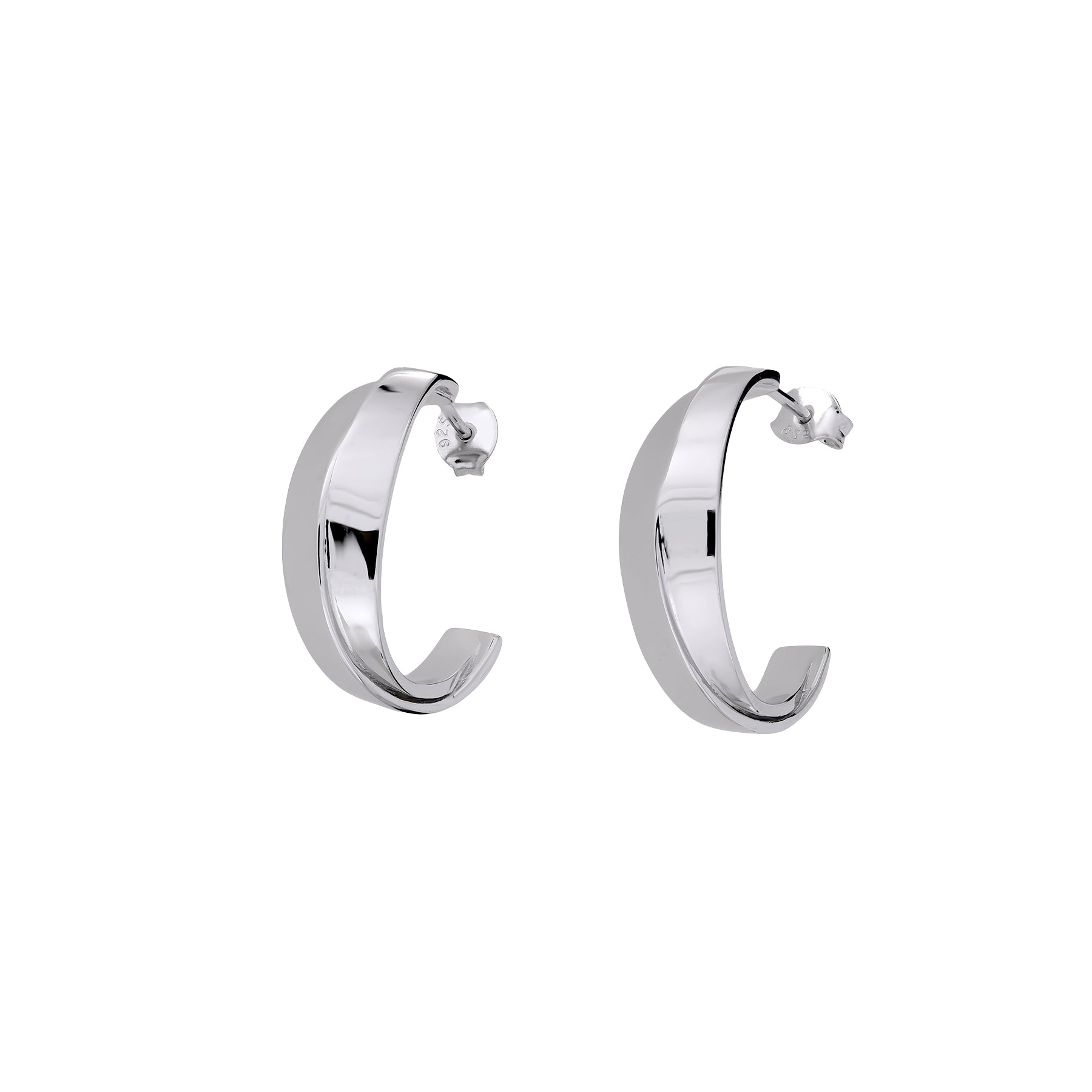 Pair of sculptural silver hoop earrings featuring a bold crossover design with a polished finish, exemplifying contemporary sterling silver jewellery by Azendi.