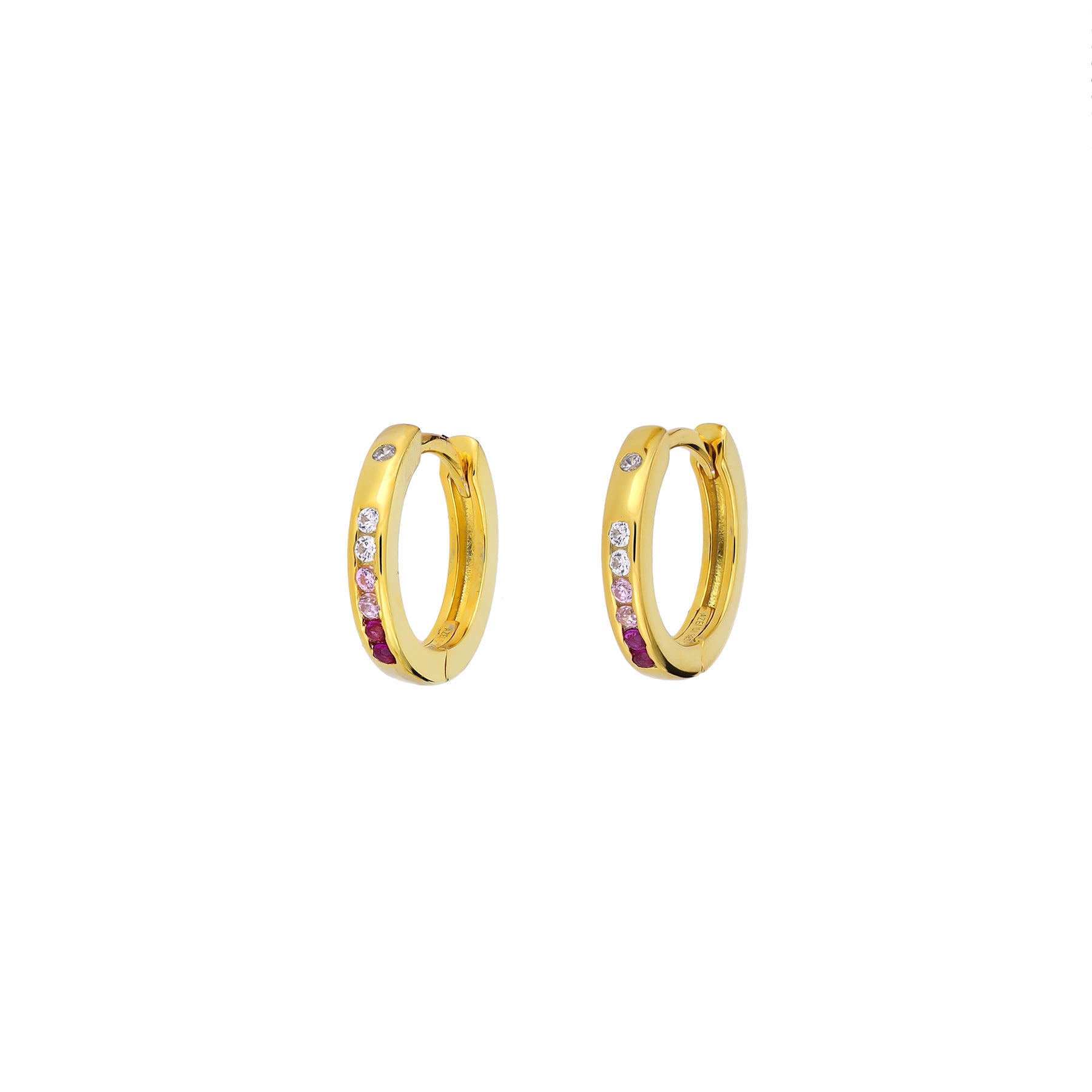 Pair of gold vermeil small hoop earrings set with alternating pink cubic zirconia stones and clear sparkling accents, showcasing refined and delicate designer craftsmanship.