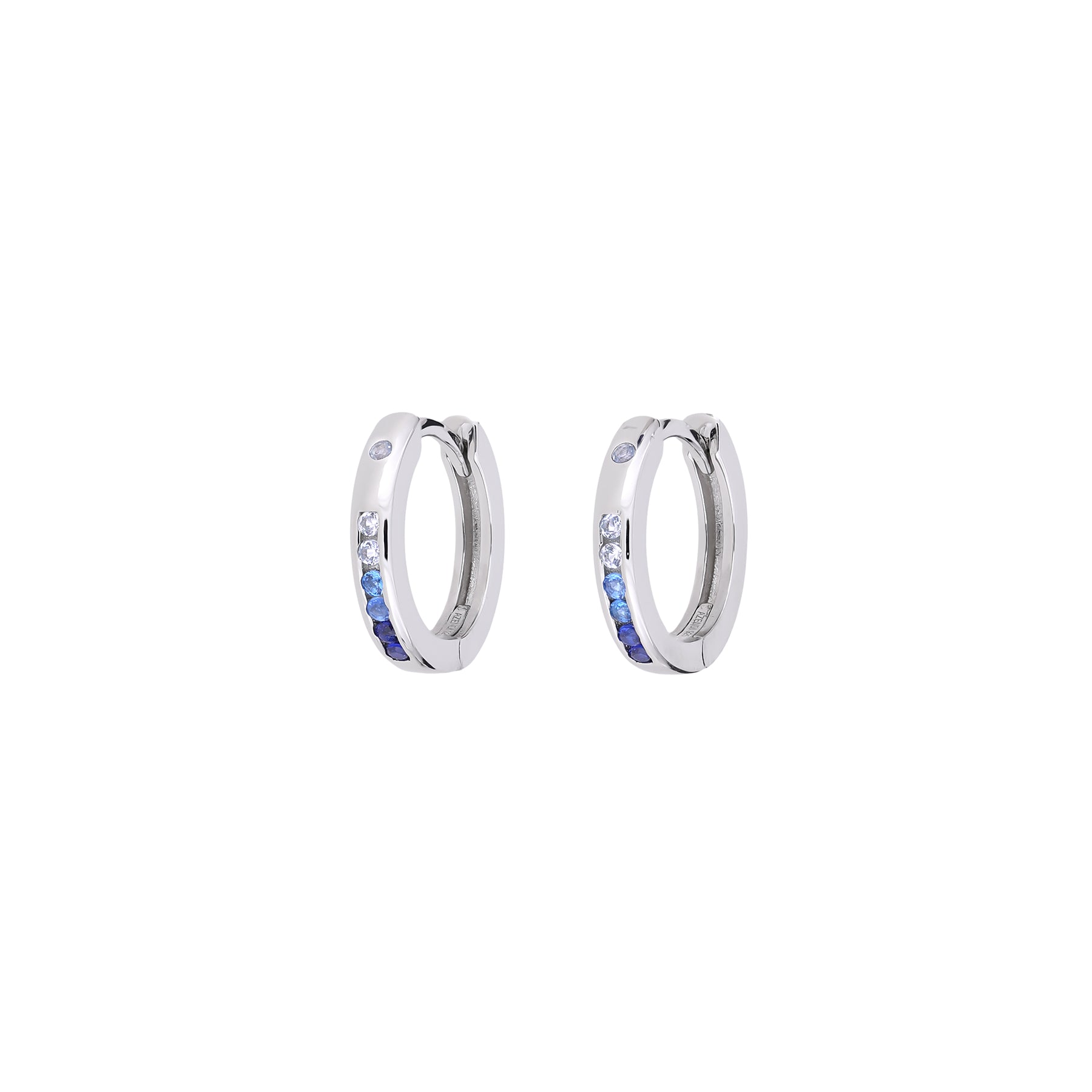 Pair of sterling silver hinge hoop earrings set with alternating blue and clear cubic zirconia stones, showcasing contemporary elegance in fine silver jewellery design.