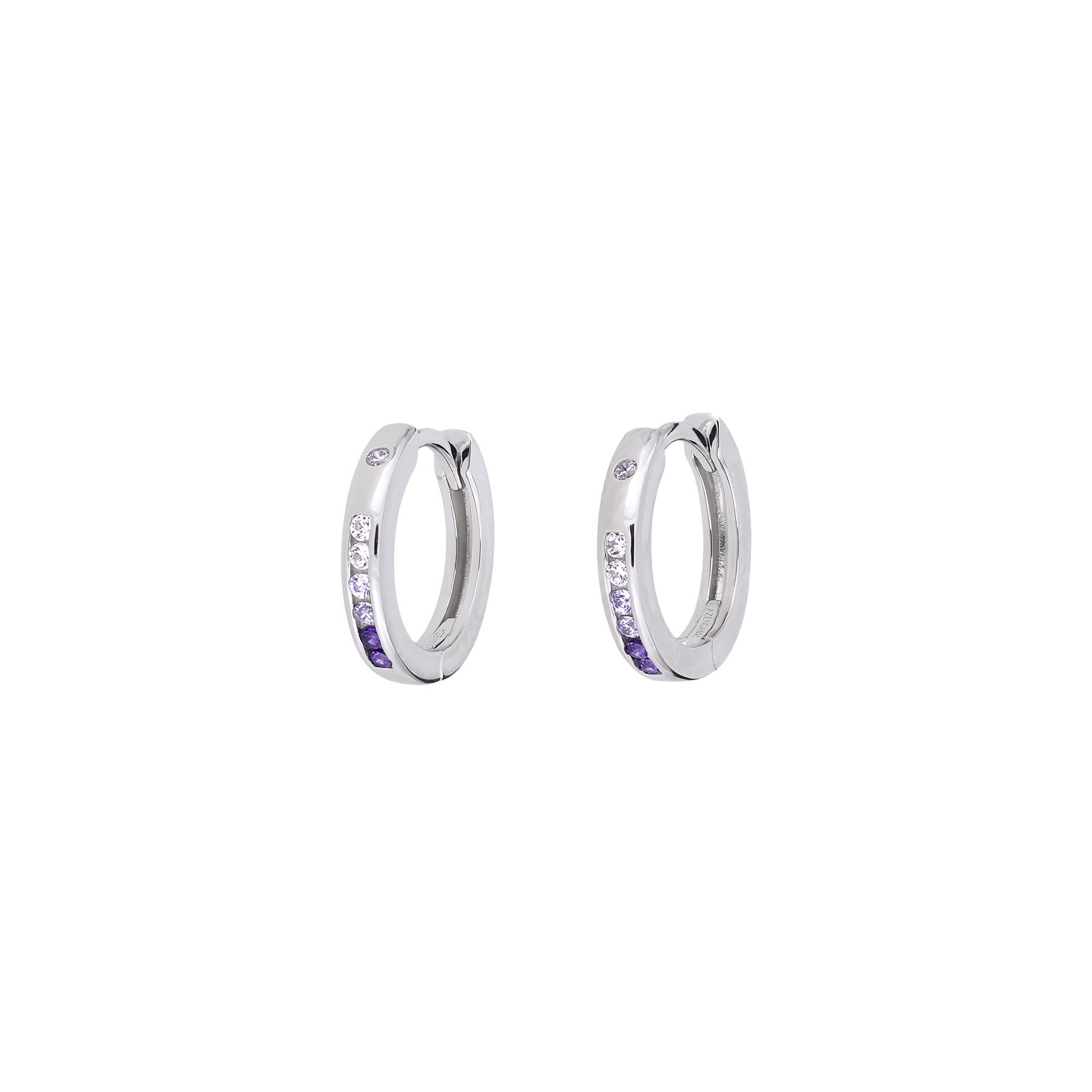Pair of sterling silver hinge hoop earrings featuring a row of alternating purple and clear cubic zirconia stones, combining vibrant color with classic elegance.