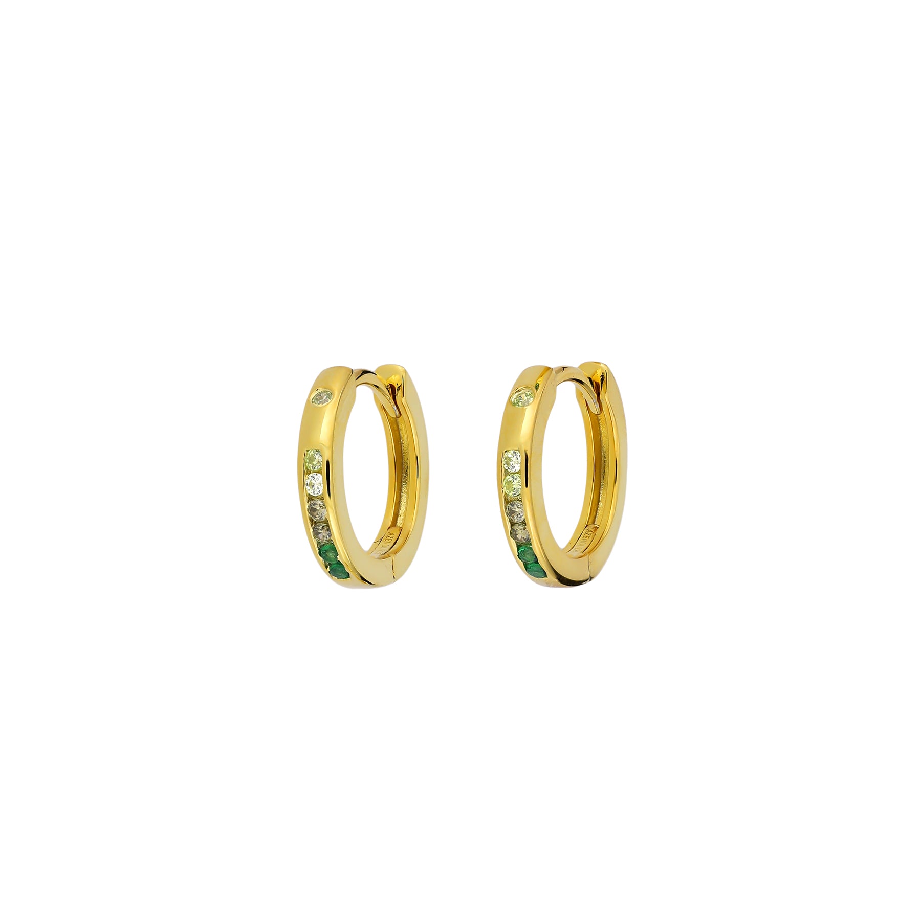 Pair of gold vermeil hinge hoop earrings set with alternating green and clear cubic zirconia stones, showcasing a refined and sculptural fine jewellery design.
