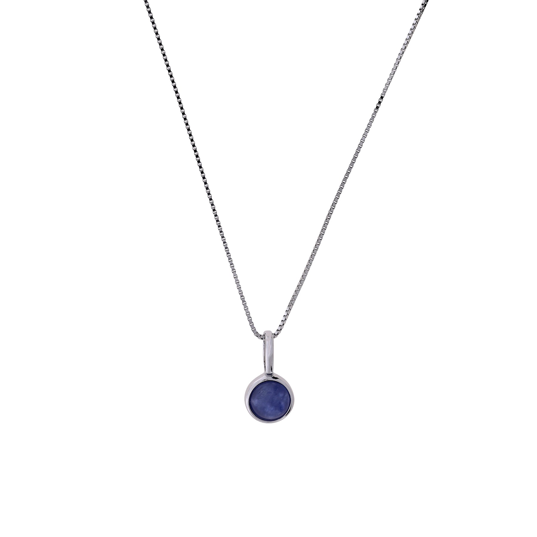 Delicate sterling silver pendant featuring a polished kyanite stone set in a smooth bezel on a fine chain, exemplifying elegant contemporary silver jewellery design.