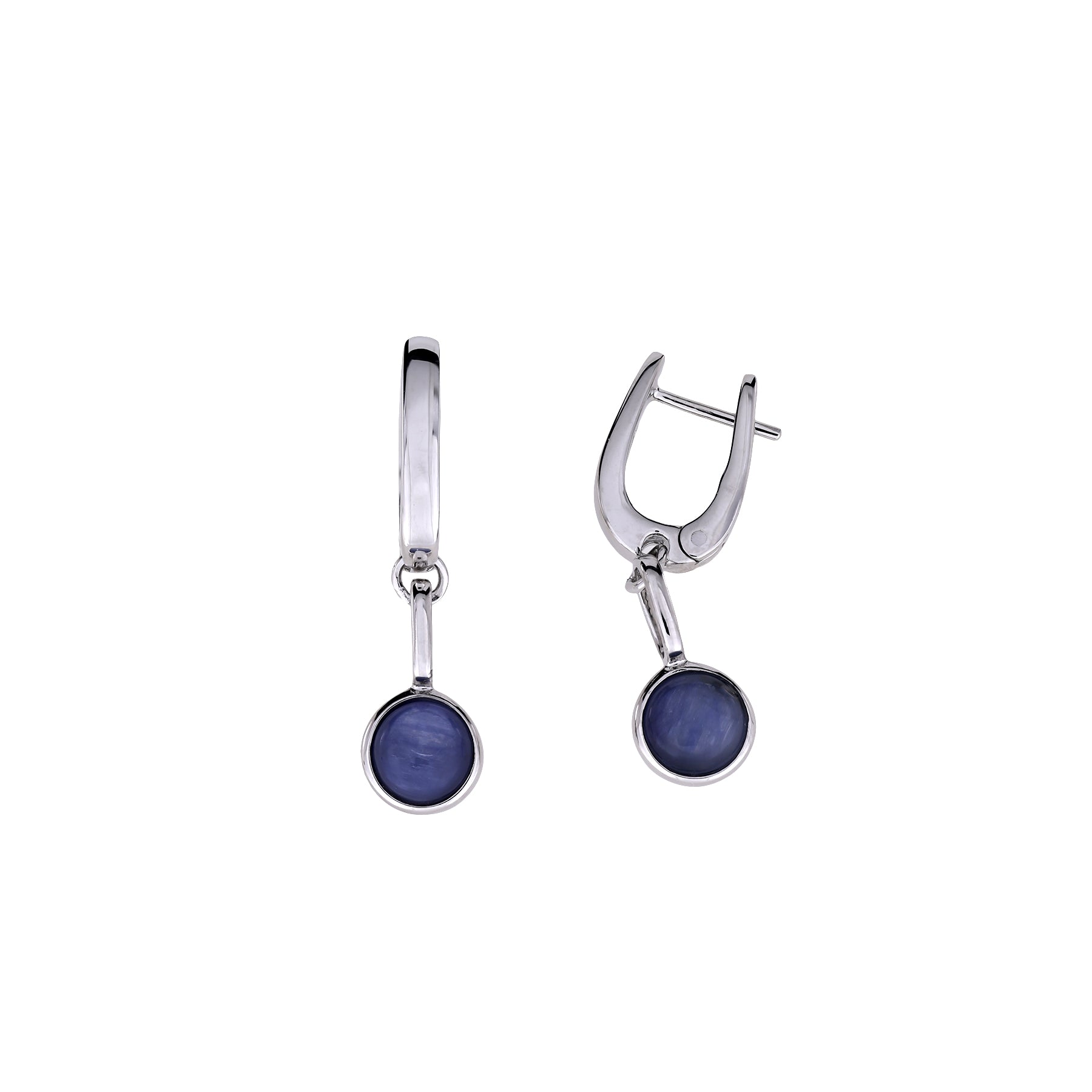 Pair of sterling silver drop earrings featuring round kyanite gemstones set in polished silver bezels, highlighting elegant and contemporary jewellery design.