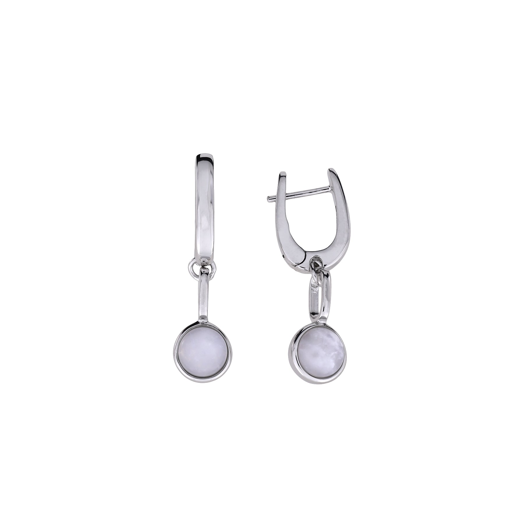 Pair of sterling silver drop earrings featuring round moonstone cabochons set in smooth bezels, showcasing a refined and contemporary design.