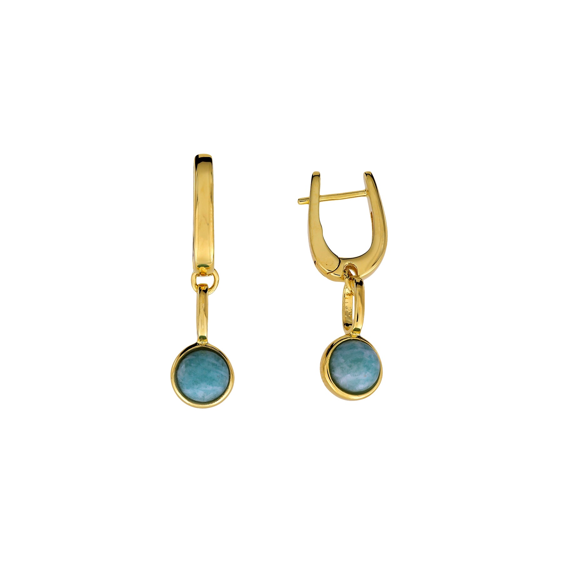 Pair of gold vermeil drop earrings featuring round amazonite stones set in a minimalist bezel frame, showcasing elegant contemporary silver jewellery design.