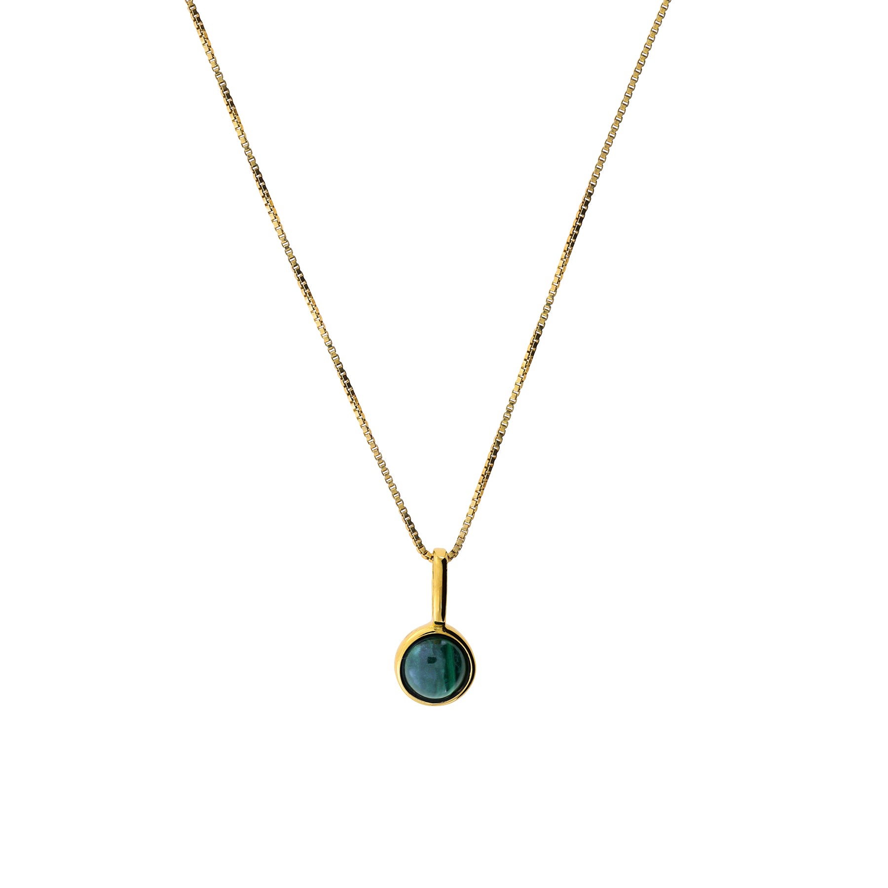 Delicate gold vermeil pendant showcasing a polished malachite cabochon, suspended from a fine chain for a refined and elegant silver jewellery piece.