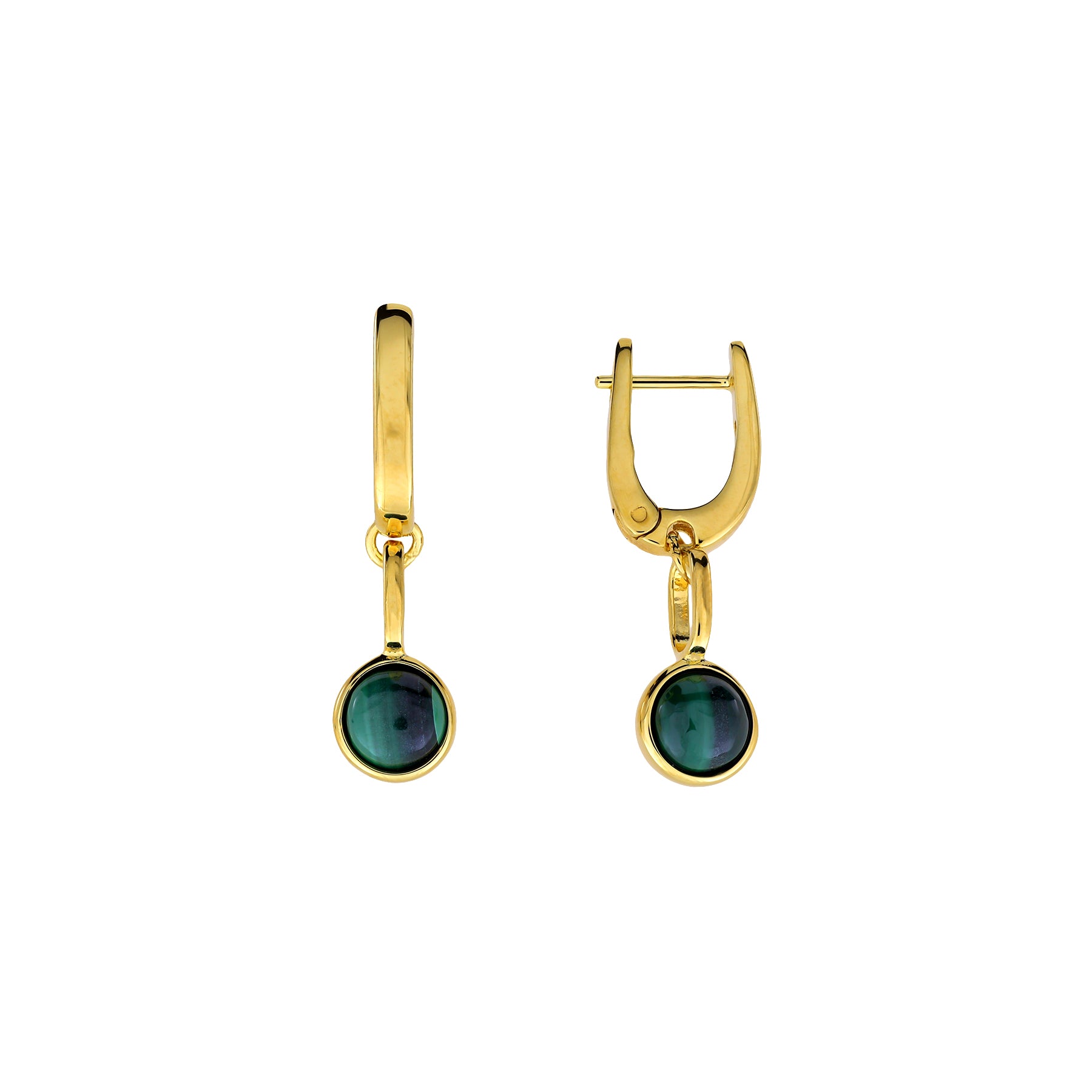Pair of gold vermeil drop earrings featuring round malachite stones set in smooth bezels, suspended from polished gold vermeil hoop closures for elegant everyday wear.