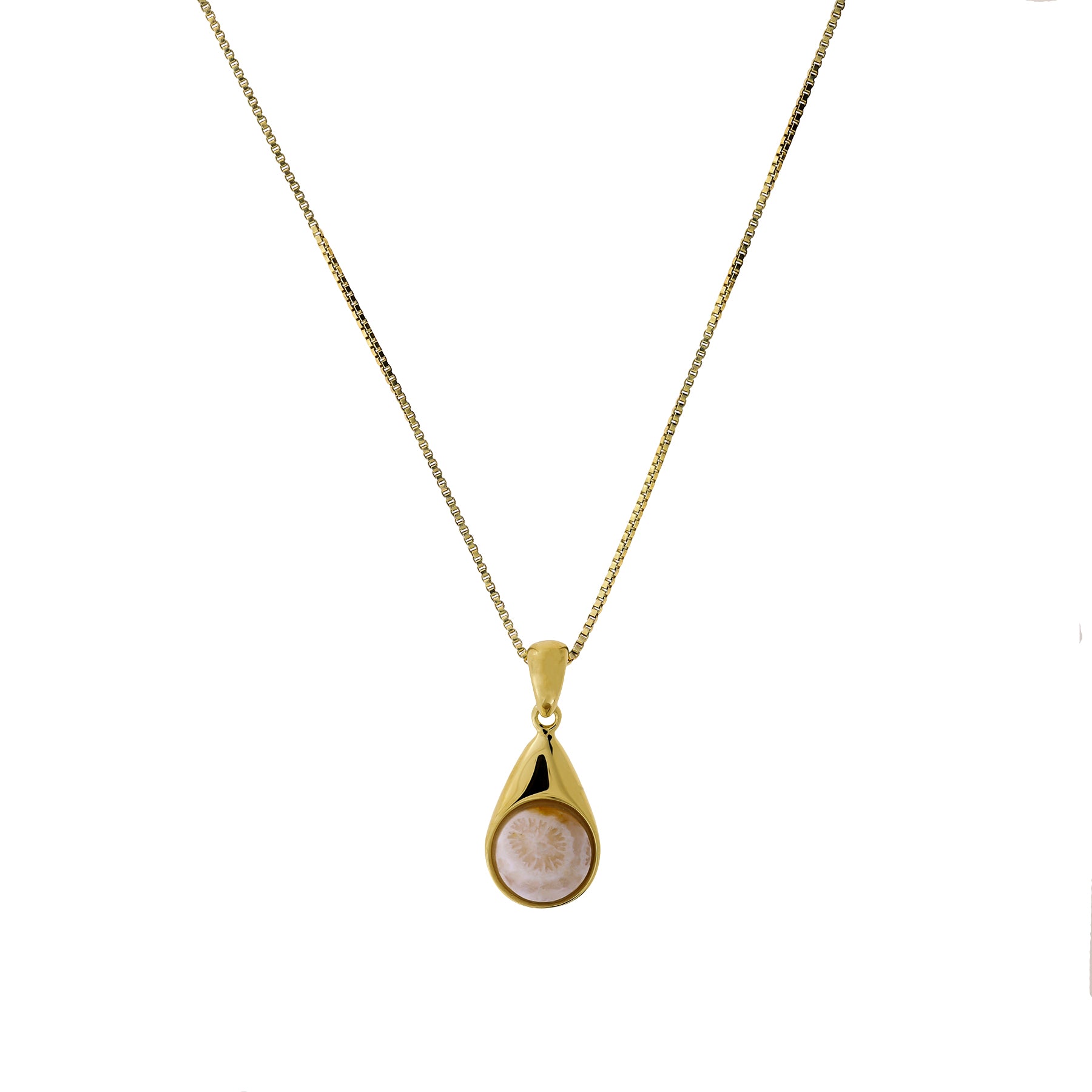 Gold vermeil pendant necklace featuring a teardrop-shaped setting with a smooth coral agate stone, suspended from a fine, elegant chain.