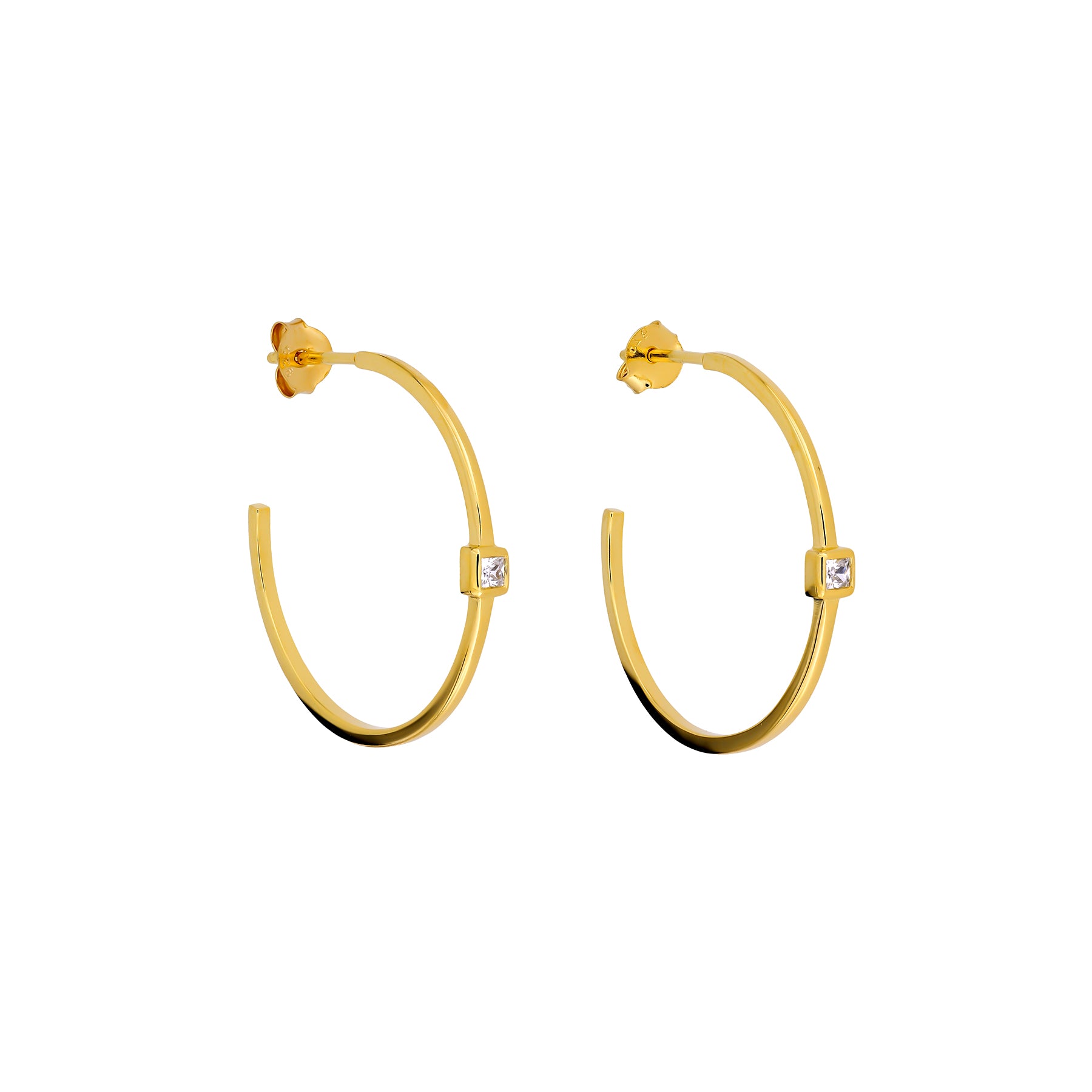 Elegant gold vermeil hoop earrings featuring a subtle square edge design accented with a single sparkling cubic zirconia, crafted for a refined and modern look.