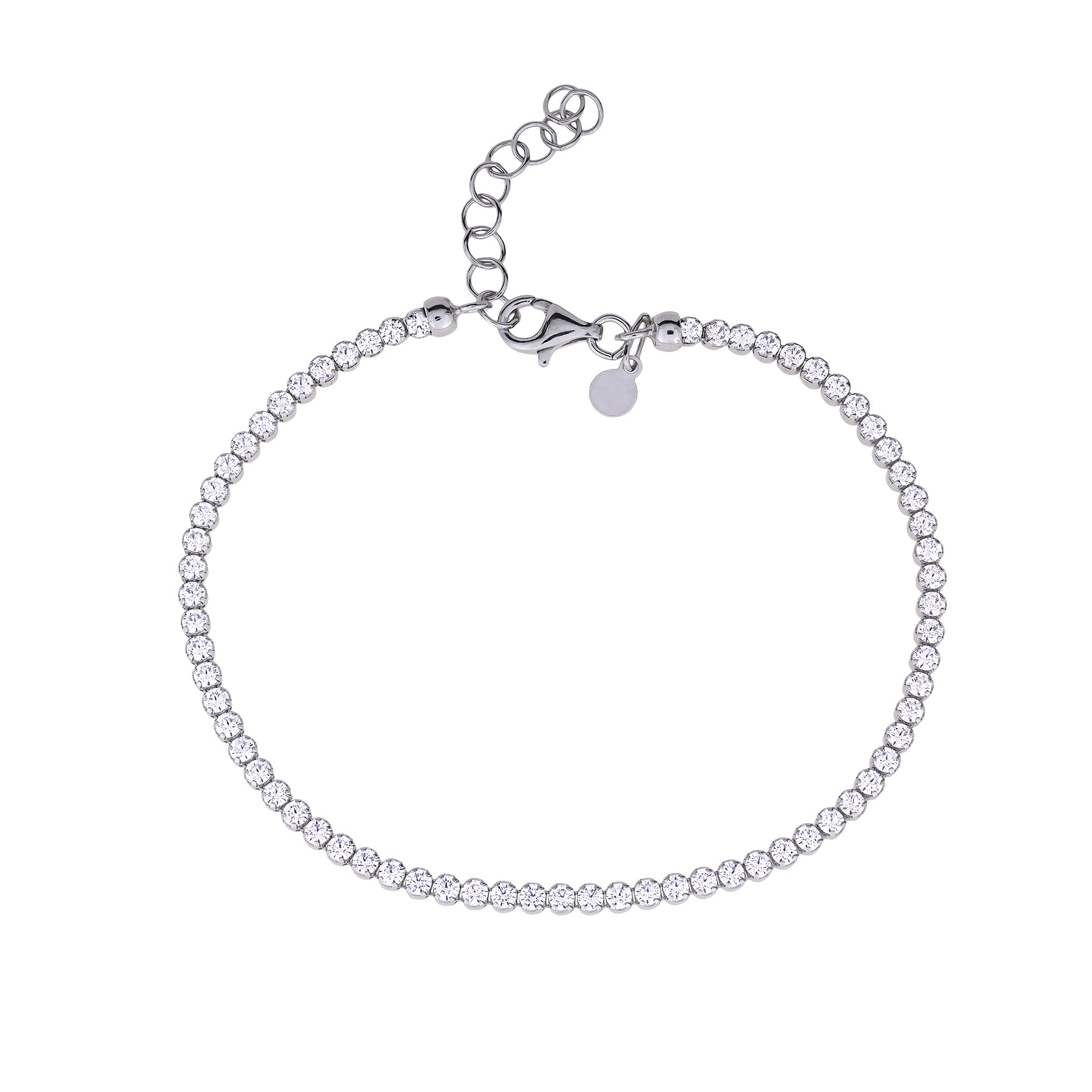 Adjustable sterling silver bracelet featuring a continuous line of sparkling cubic zirconia stones with a polished lobster clasp and extender chain for versatile sizing.