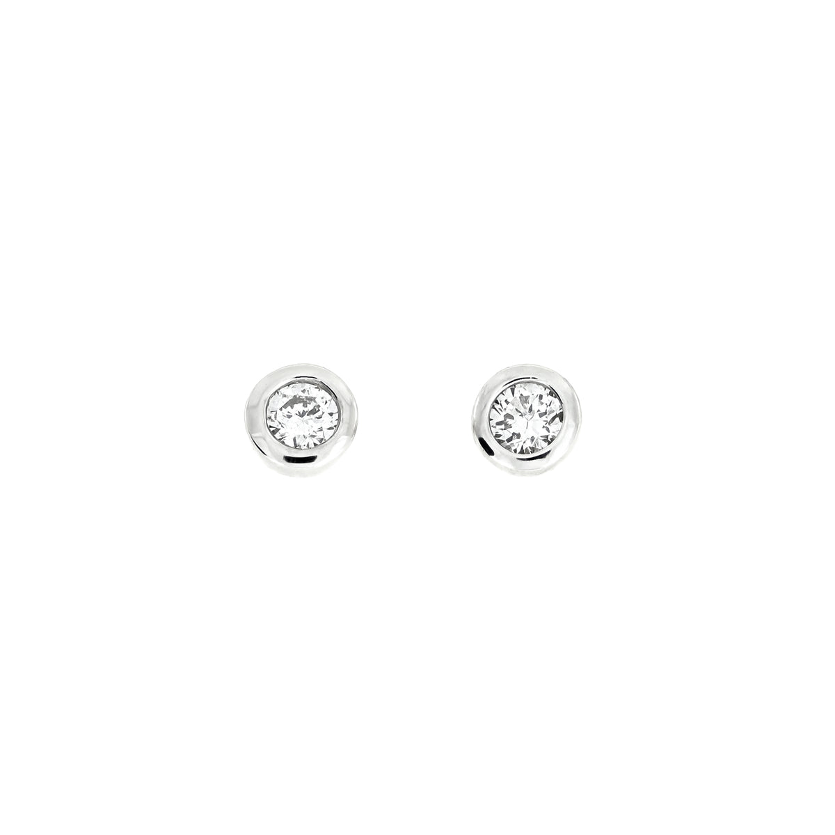 Pair of sterling silver solitaire stud earrings featuring 0.15 carat bezel-set lab grown diamonds with a polished finish, exemplifying refined minimalism.