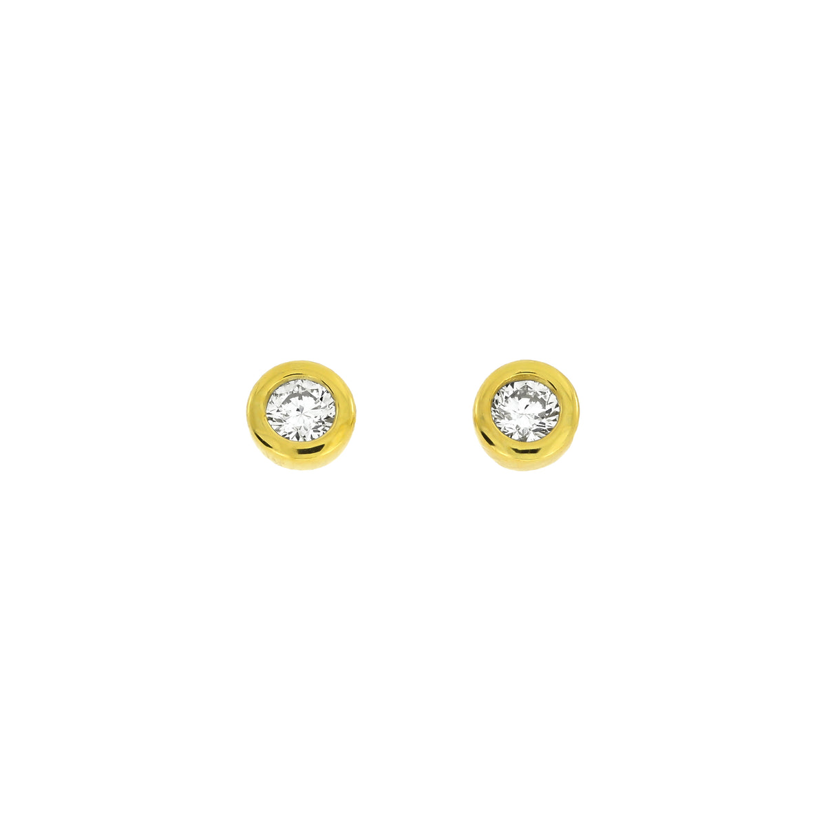 Pair of gold vermeil stud earrings featuring solitaire 0.15 carat lab grown diamonds set in polished round bezels, showcasing a classic and refined design.