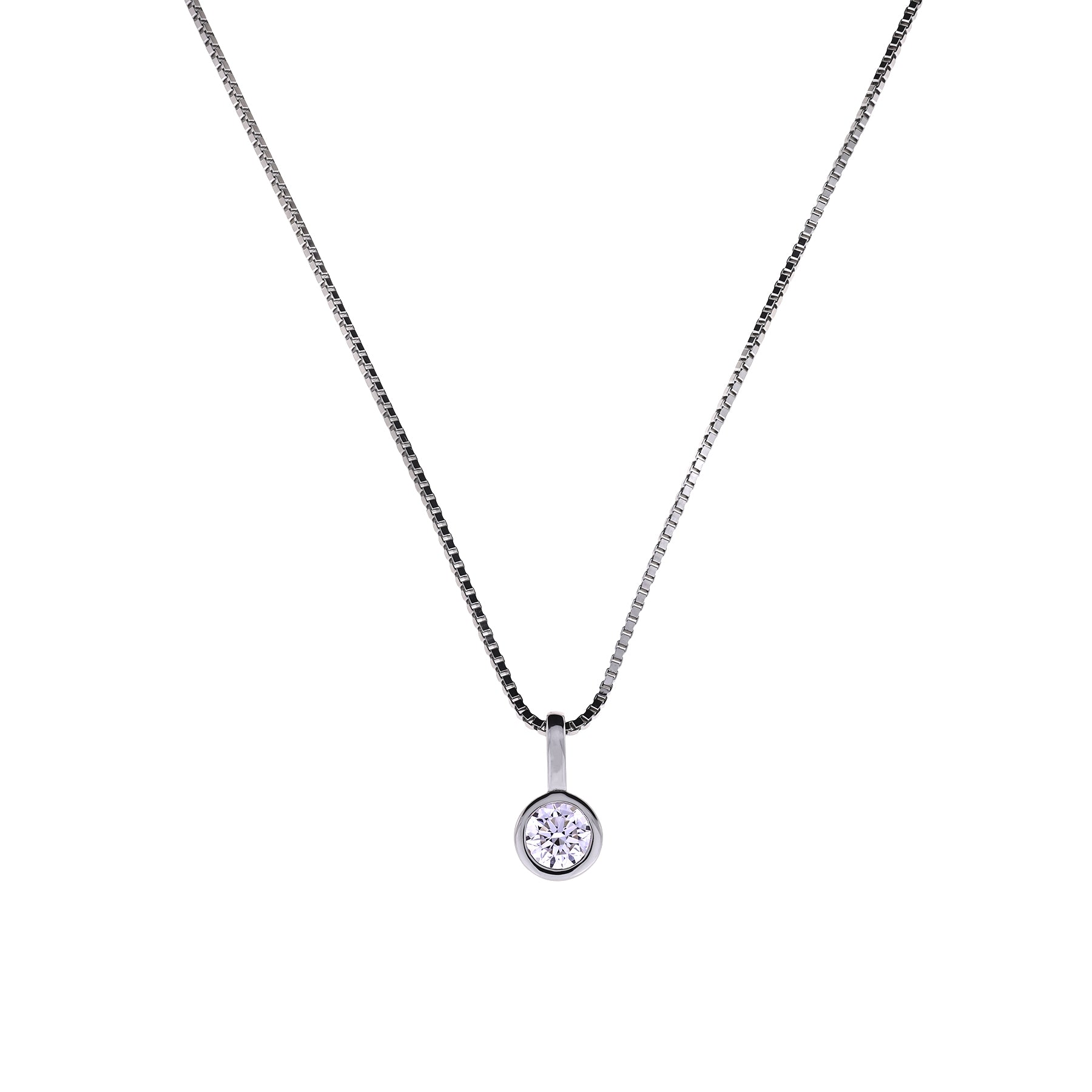 Sterling silver necklace featuring a bezel-set 0.25 carat lab grown diamond solitaire pendant suspended from a fine box chain, showcasing timeless elegance.