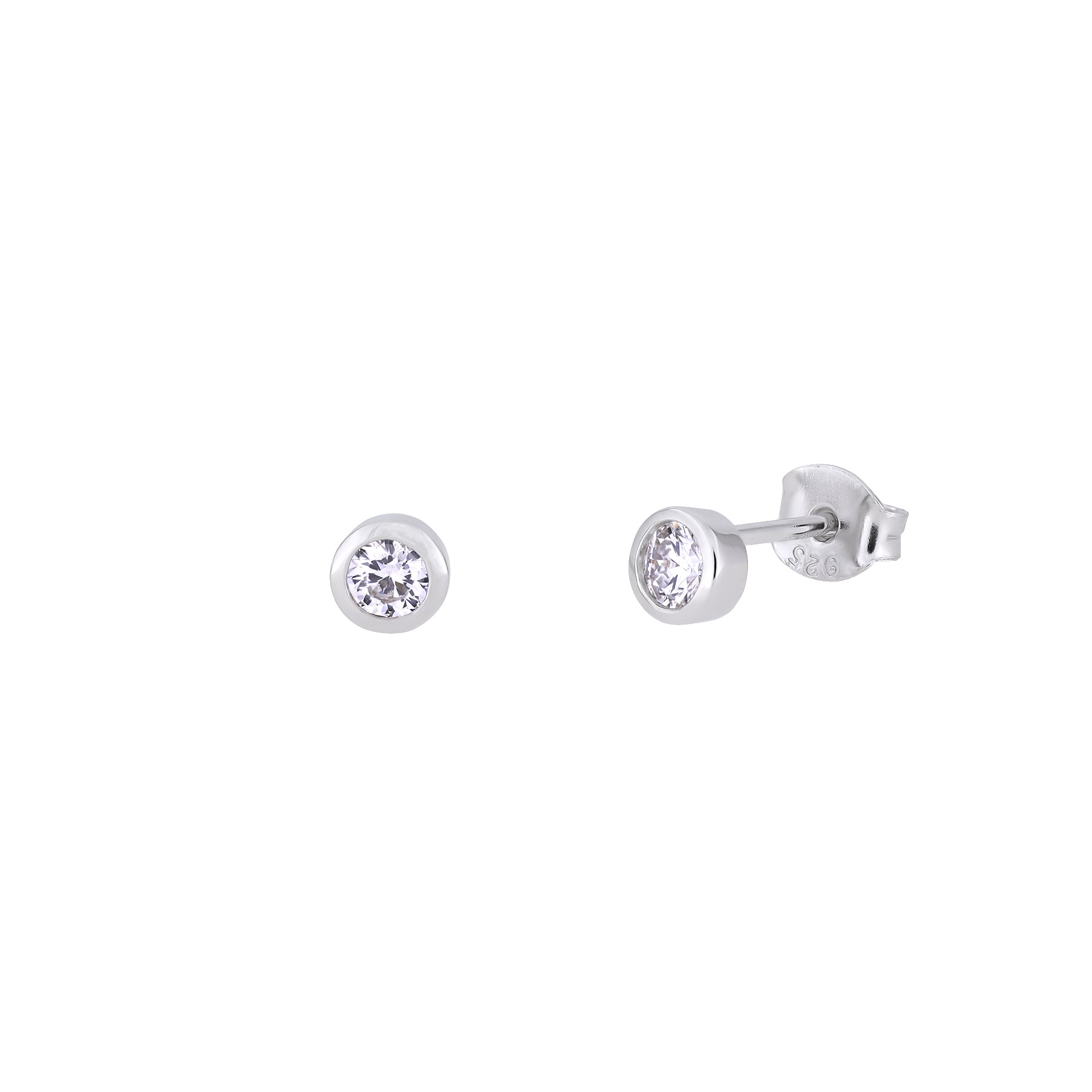 Pair of sterling silver solitaire stud earrings showcasing 0.30 carat lab grown diamonds set in sleek bezel settings, offering a refined and timeless design.