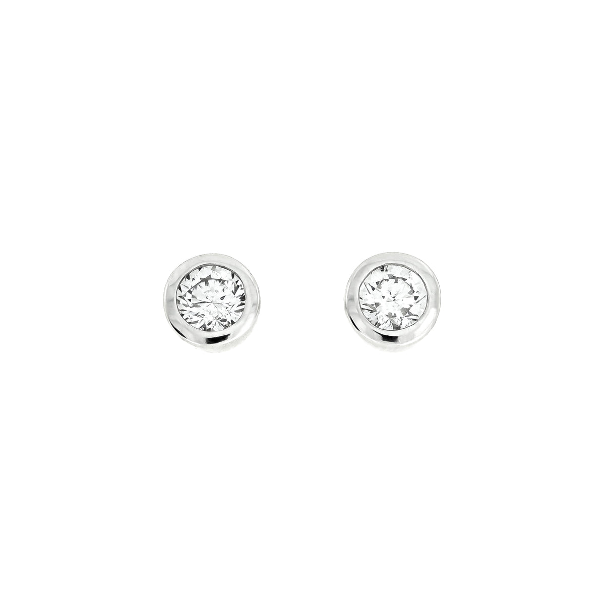 Pair of sterling silver solitaire stud earrings showcasing 0.30 carat lab grown diamonds set in sleek bezel settings, offering a refined and timeless design.