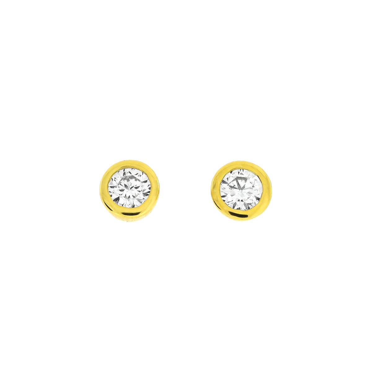 Pair of gold vermeil stud earrings featuring a single 0.30 carat lab grown diamond in a smooth bezel setting, showcasing refined and timeless silver jewellery design.
