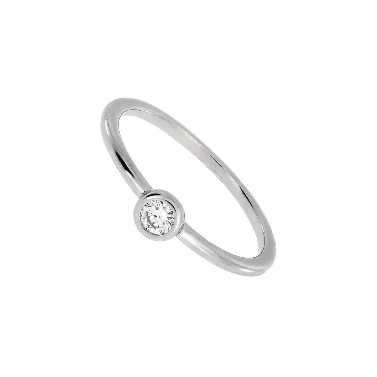 Minimalist sterling silver ring featuring a bezel-set lab grown diamond solitaire, showcasing a sleek and contemporary design from a British jeweller.
