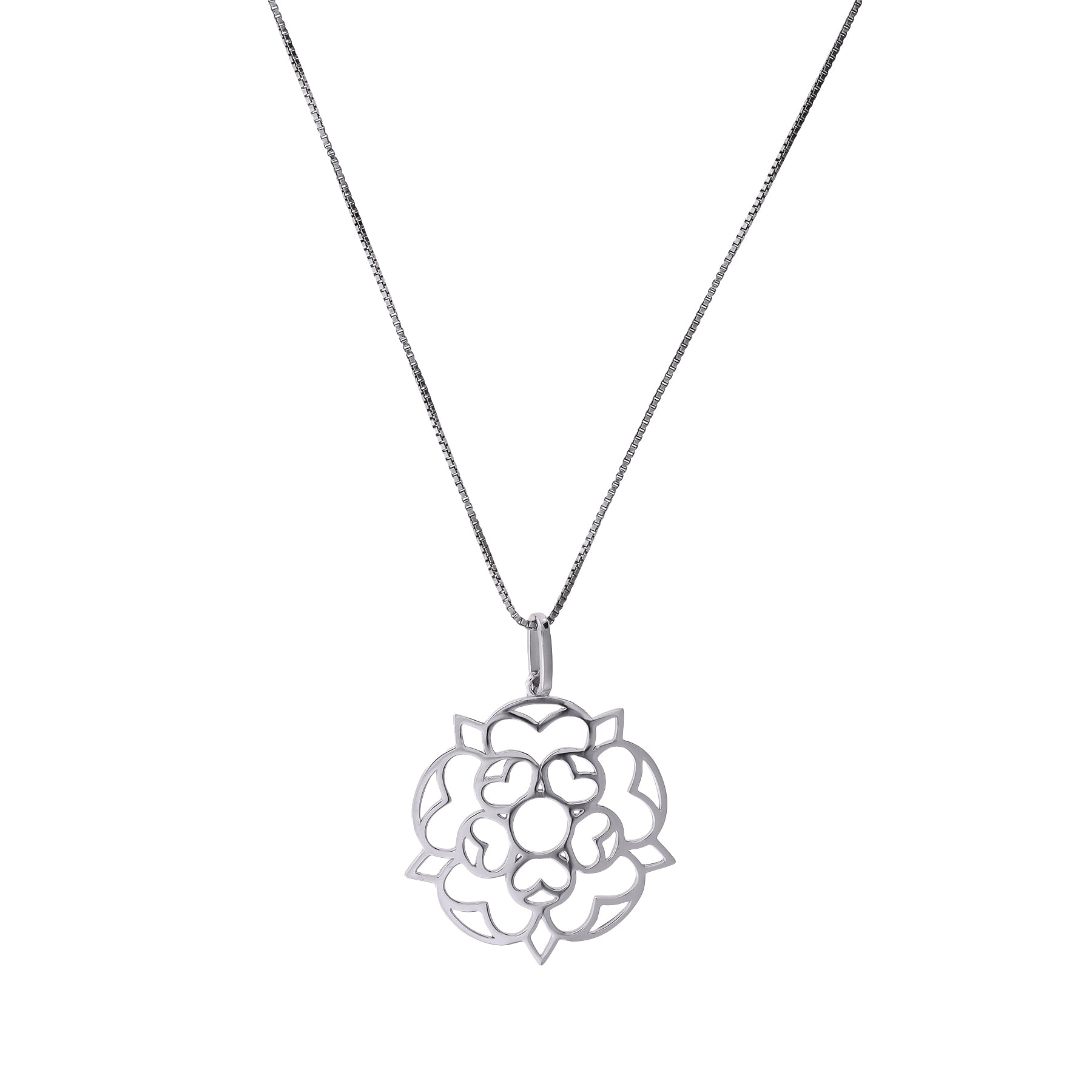 Sterling silver pendant featuring an openwork Yorkshire rose design with a polished finish, suspended from a fine chain for elegant contemporary silver jewellery.