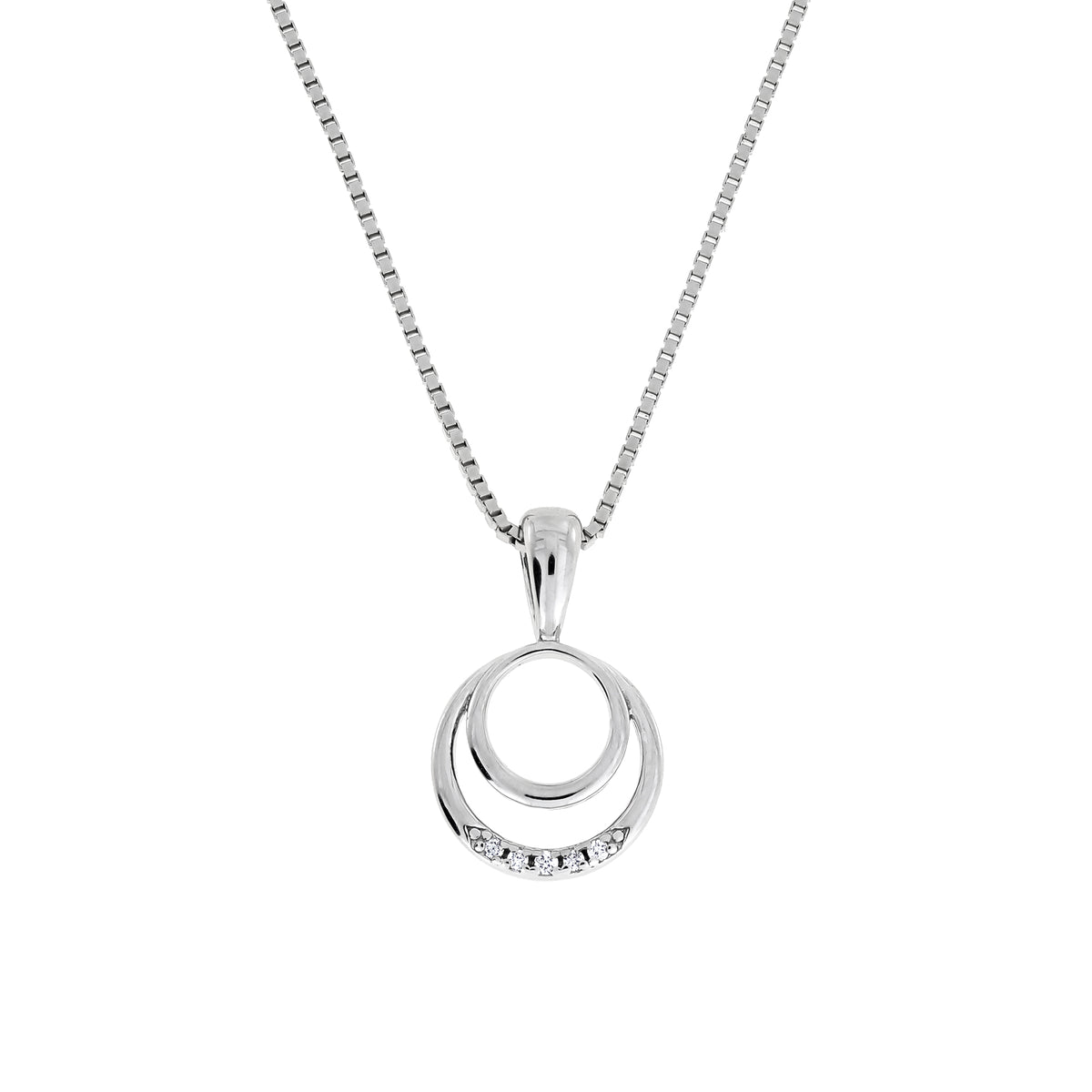 Sterling silver pendant necklace featuring two interlocking circular shapes with a row of sparkling lab-grown diamonds, suspended from a fine box chain.