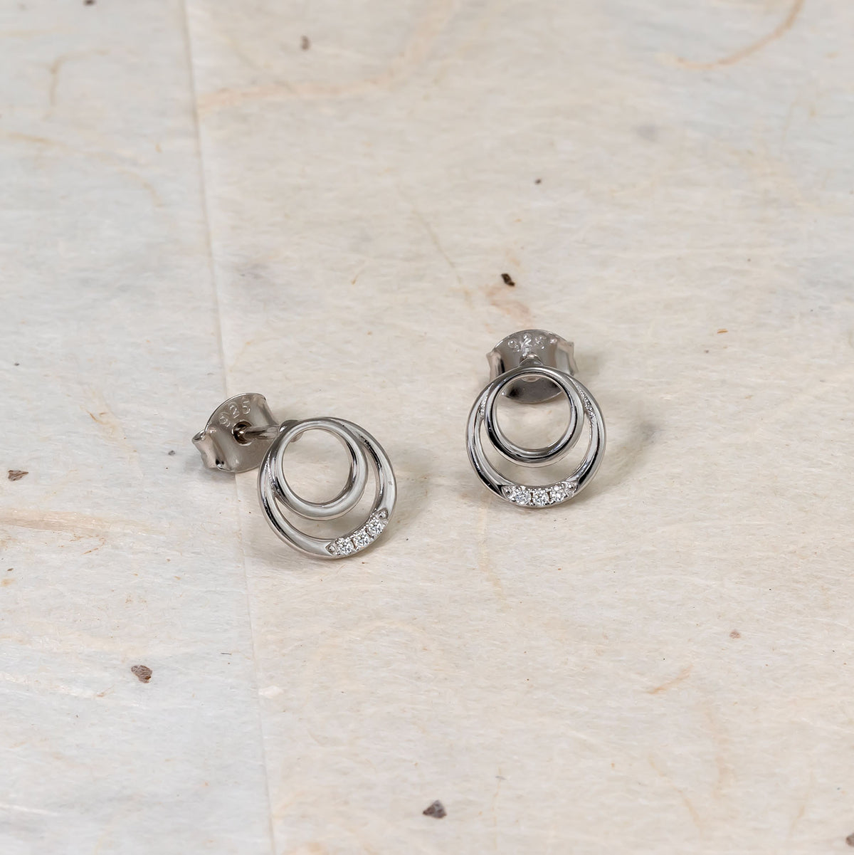 Sterling Silver & 0.03 Carat Lab Grown Diamond Double Circles Stud Earrings