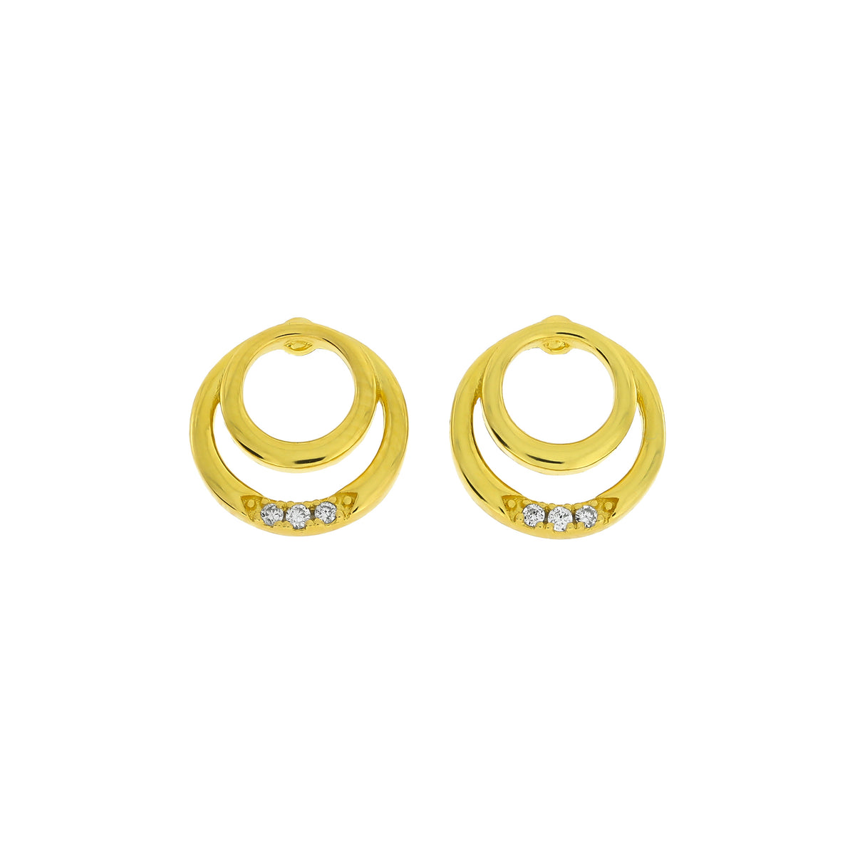 Pair of gold vermeil stud earrings featuring interlocking double circles accented with a row of lab grown diamonds, showcasing a sleek and modern design.