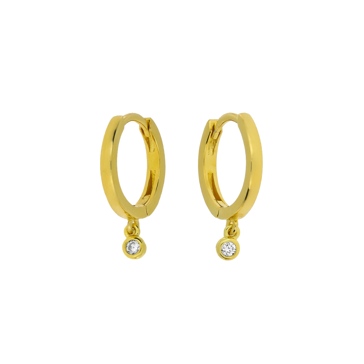 Pair of gold vermeil hinged hoop earrings featuring small round lab-grown diamond charms suspended delicately, showcasing a refined and sculptural luxury design.