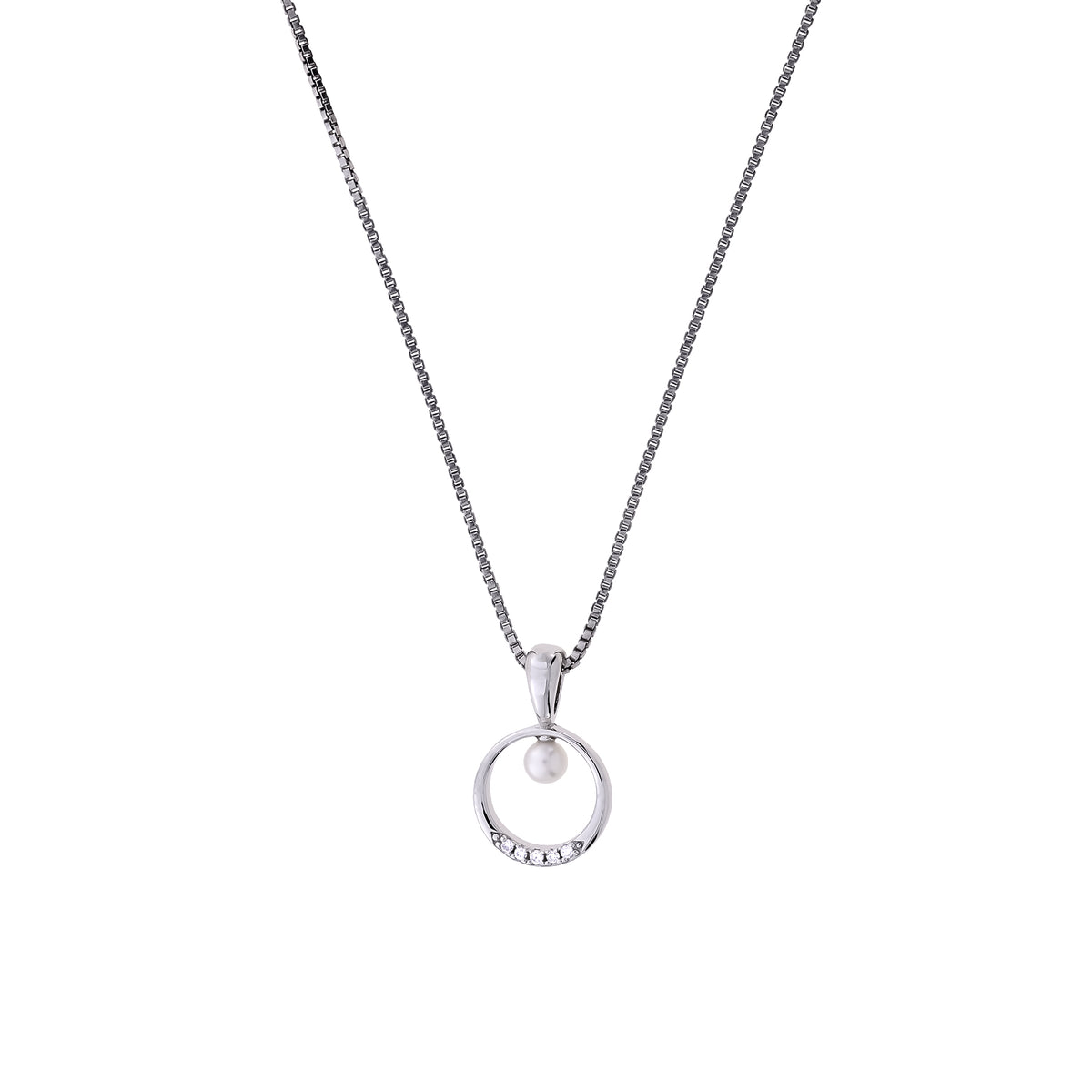 Sterling Silver, Freshwater Pearl &amp; 0.02 Carat Lab Grown Diamond Circle Pendant