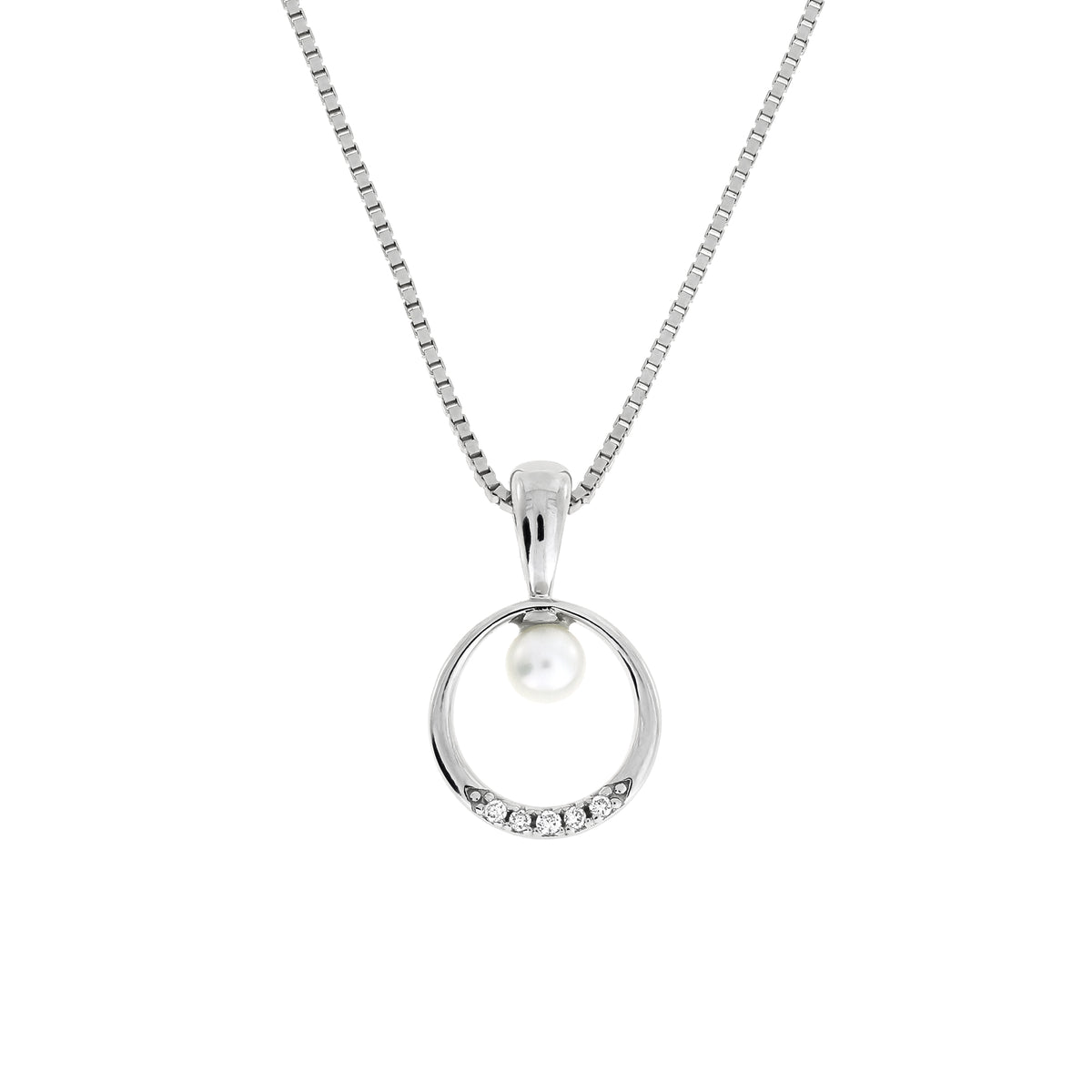 Sterling silver pendant necklace featuring a circular design accented with a freshwater pearl and small lab-grown diamonds, suspended from a fine chain.