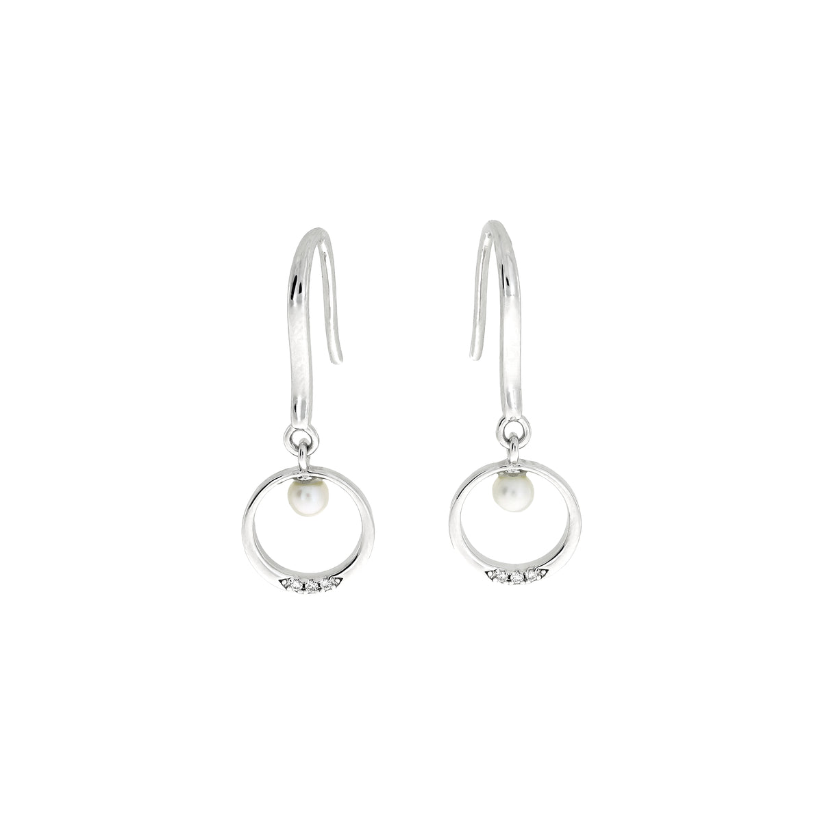 Elegant sterling silver drop earrings featuring a polished circle frame accented with freshwater pearls and a row of small lab-grown diamonds for refined sparkle.