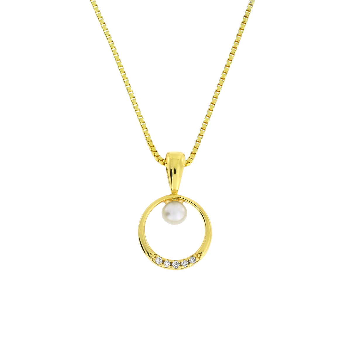 Gold vermeil pendant necklace featuring a circular open design with a freshwater pearl and a row of small lab-grown diamonds on a delicate chain.
