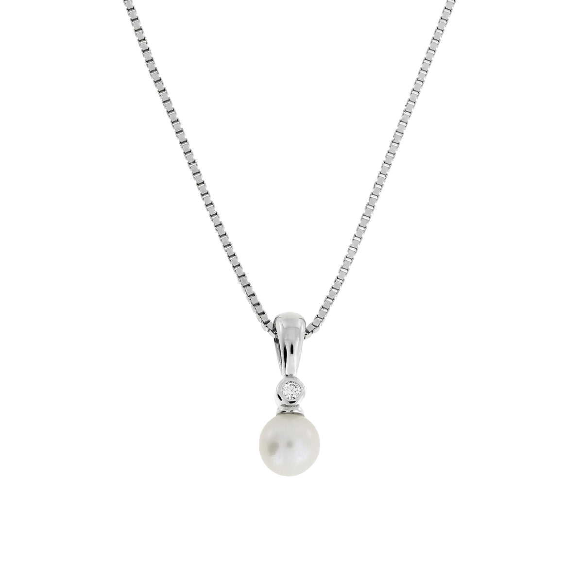 Elegant sterling silver pendant necklace featuring a freshwater pearl drop accented with a small lab grown diamond, suspended from a fine box chain.
