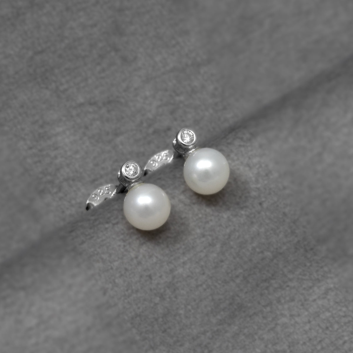 Sterling Silver, Freshwater Pearl & 0.03 Carat Lab Grown Diamond Stud Earrings