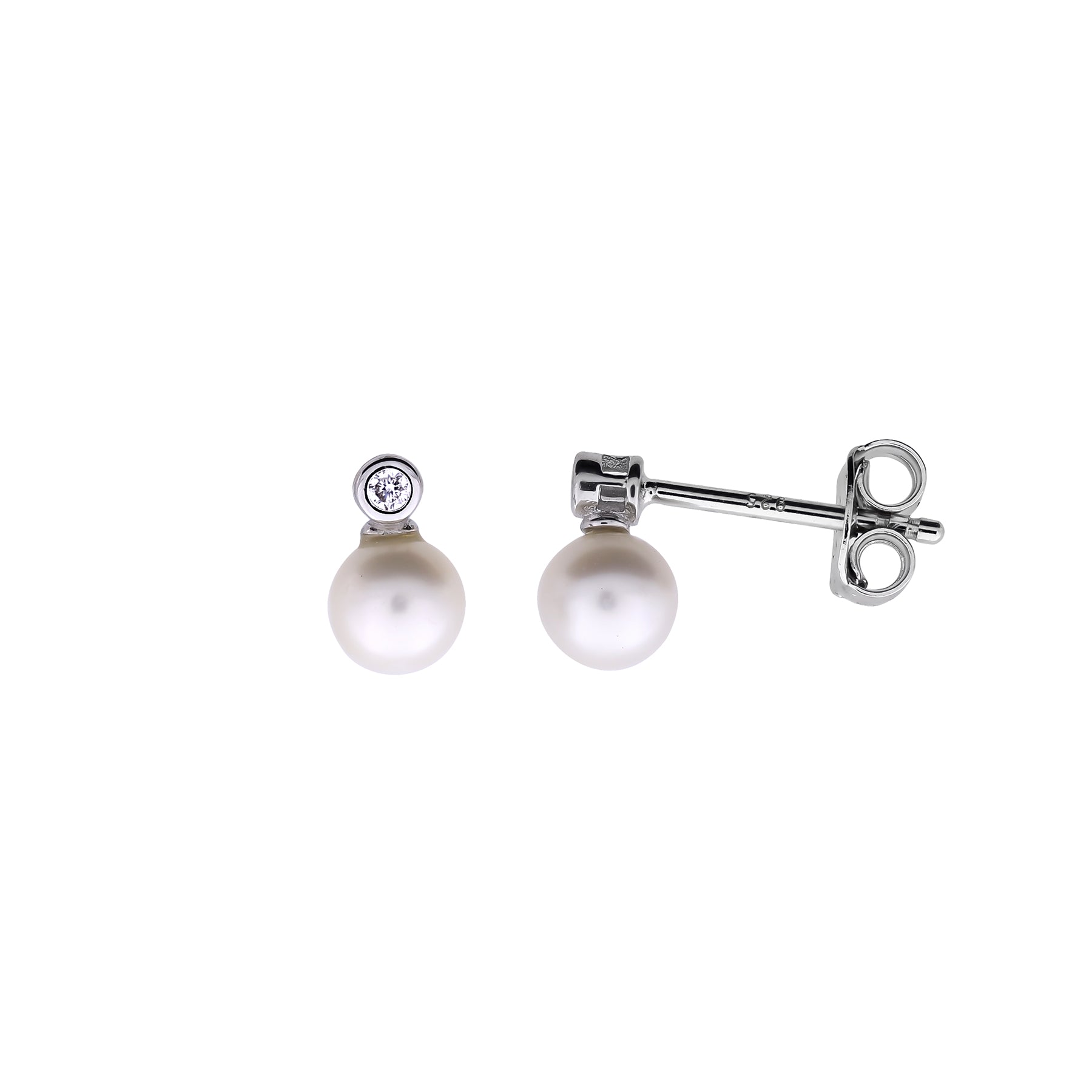 Sterling Silver, Freshwater Pearl & 0.03 Carat Lab Grown Diamond Stud Earrings