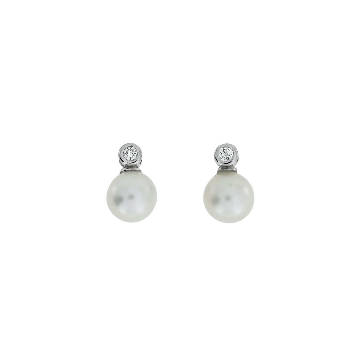 Pair of sterling silver stud earrings featuring round freshwater pearls accented with small lab grown diamonds set above, showcasing a refined and elegant design.