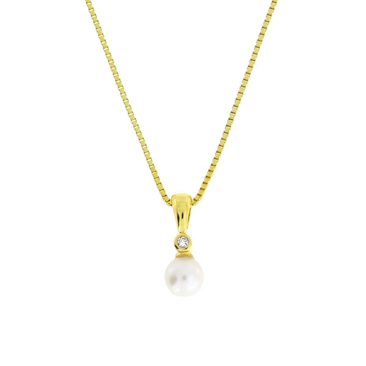 Elegant gold vermeil pendant necklace featuring a single freshwater pearl and a small lab-grown diamond accent, suspended from a fine chain for a refined look.