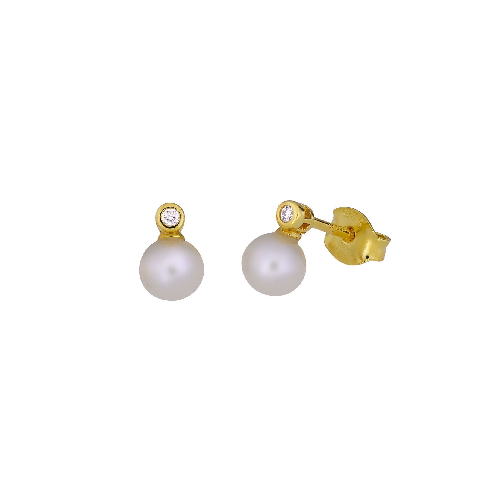 Gold Vermeil, Freshwater Pearl & 0.03 Carat Lab Grown Diamond Stud Earrings