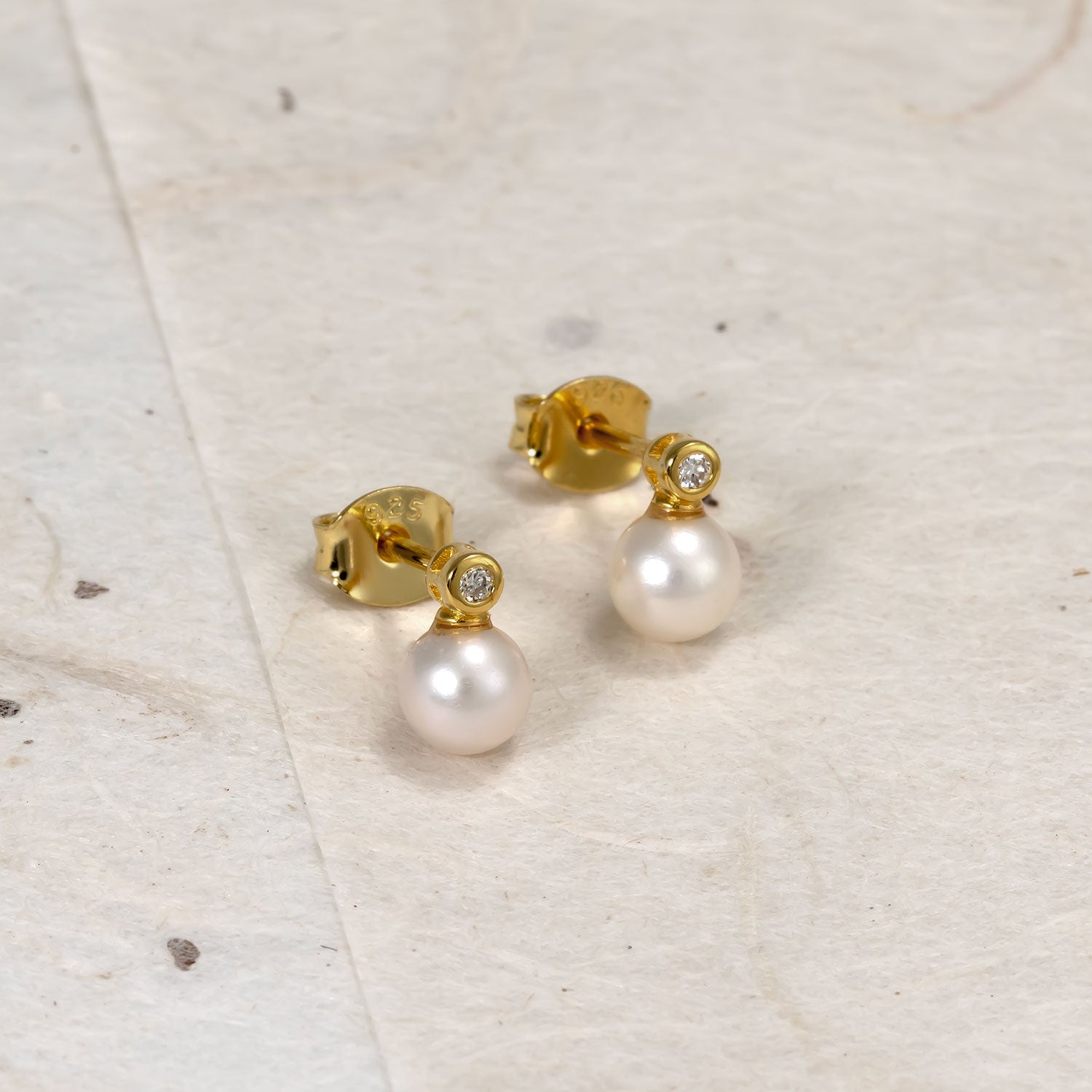 Gold Vermeil, Freshwater Pearl & 0.03 Carat Lab Grown Diamond Stud Earrings