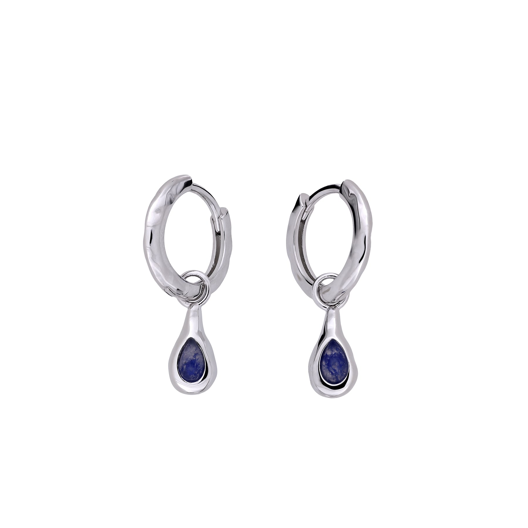 Pair of sterling silver hoop earrings with hinged closures, each featuring a sculptural droplet charm set with deep blue aventurine gemstones.