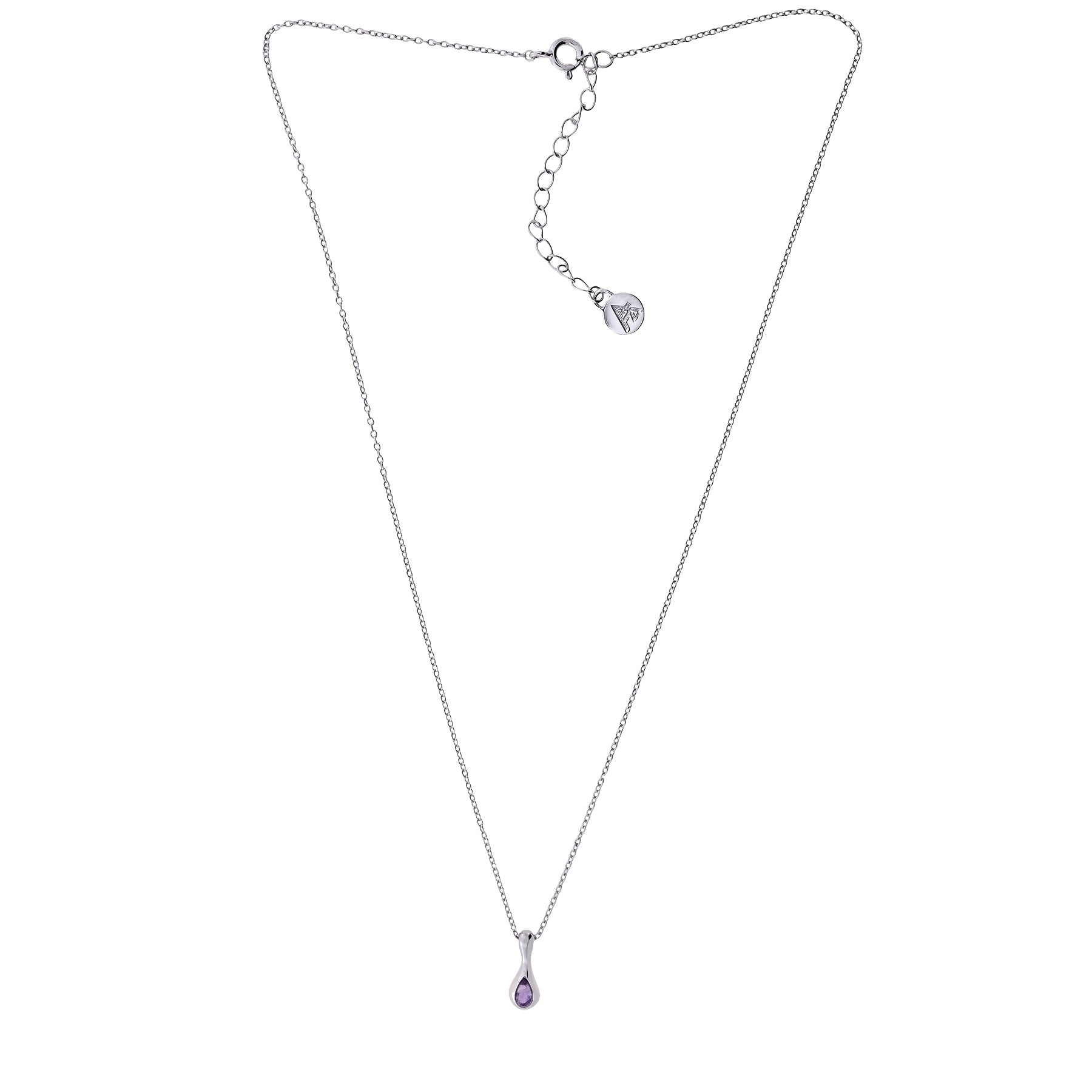 Delicate sterling silver necklace featuring a sculptural amethyst droplet pendant suspended from an adjustable fine chain, showcasing elegant contemporary design.