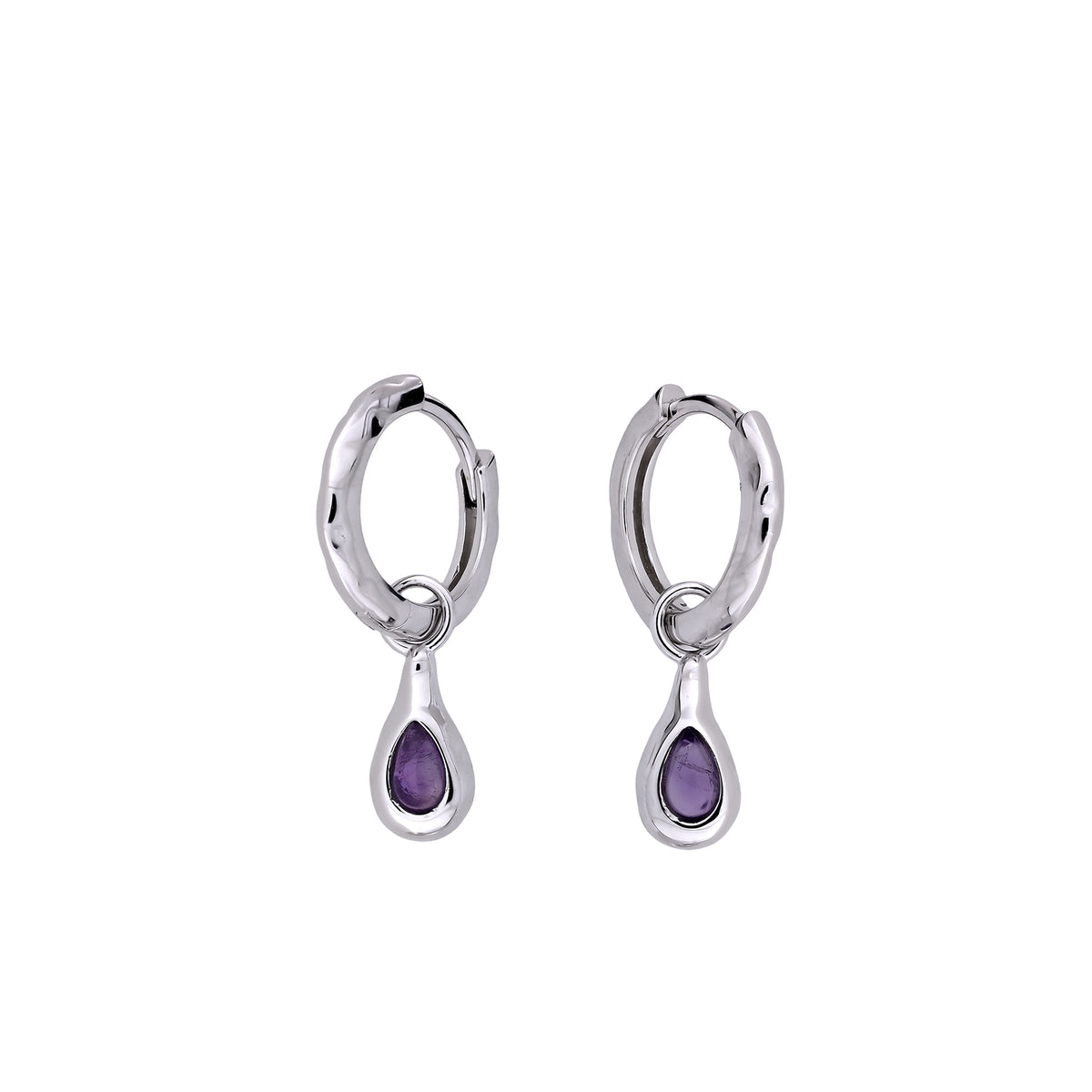 Sterling Silver &amp; Amethyst Droplet Hinge Hoop Earrings