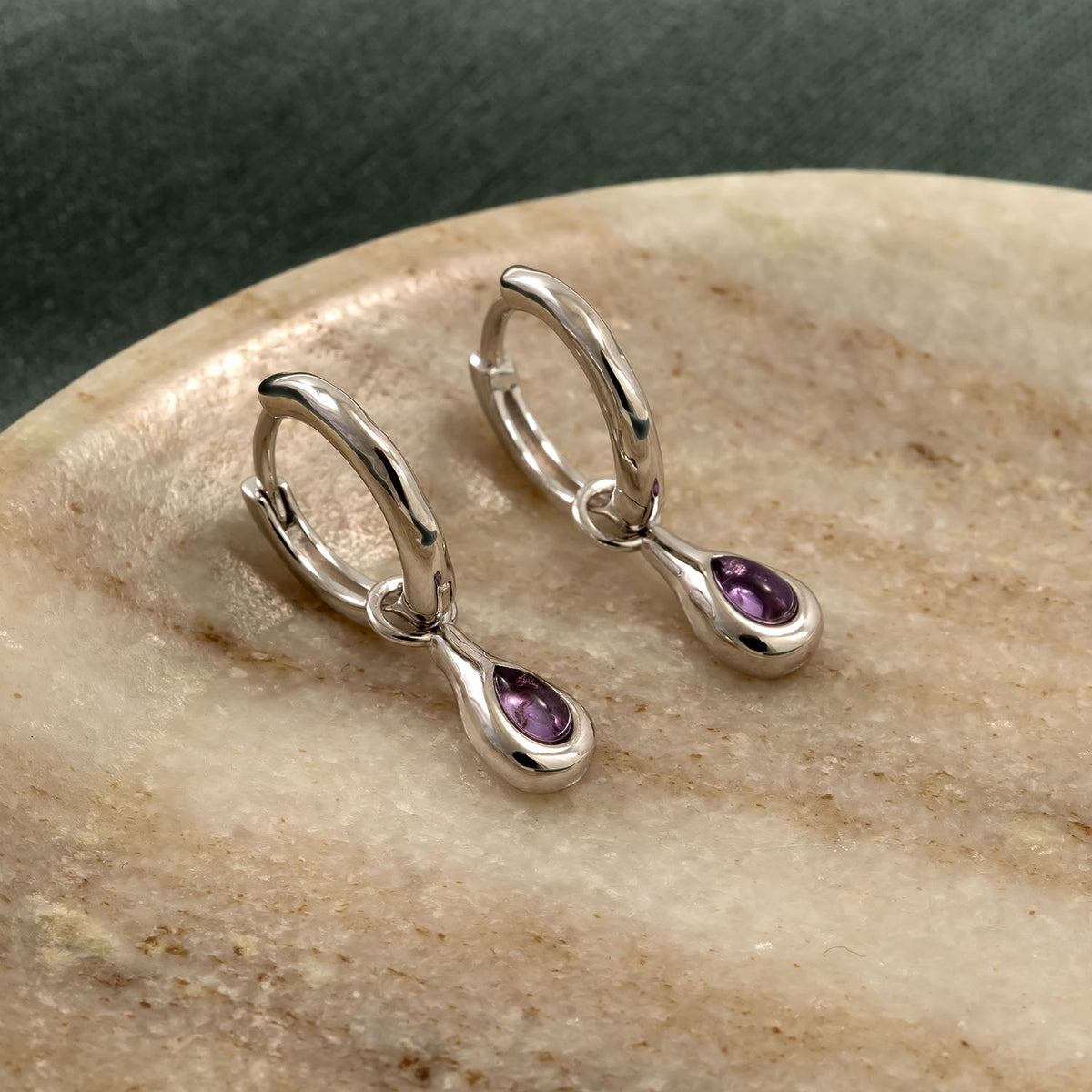 Sterling Silver & Amethyst Droplet Hinge Hoop Earrings