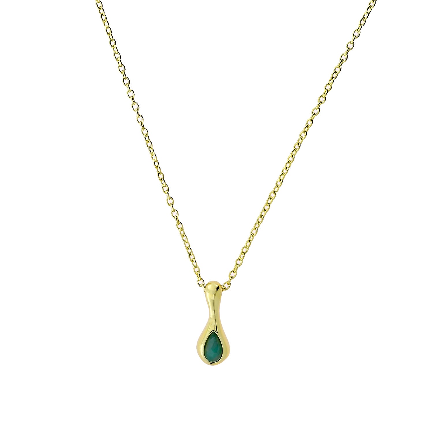 Delicate gold vermeil necklace featuring a sculptural droplet pendant set with a polished amazonite gemstone on an adjustable fine chain, highlighting contemporary elegance.