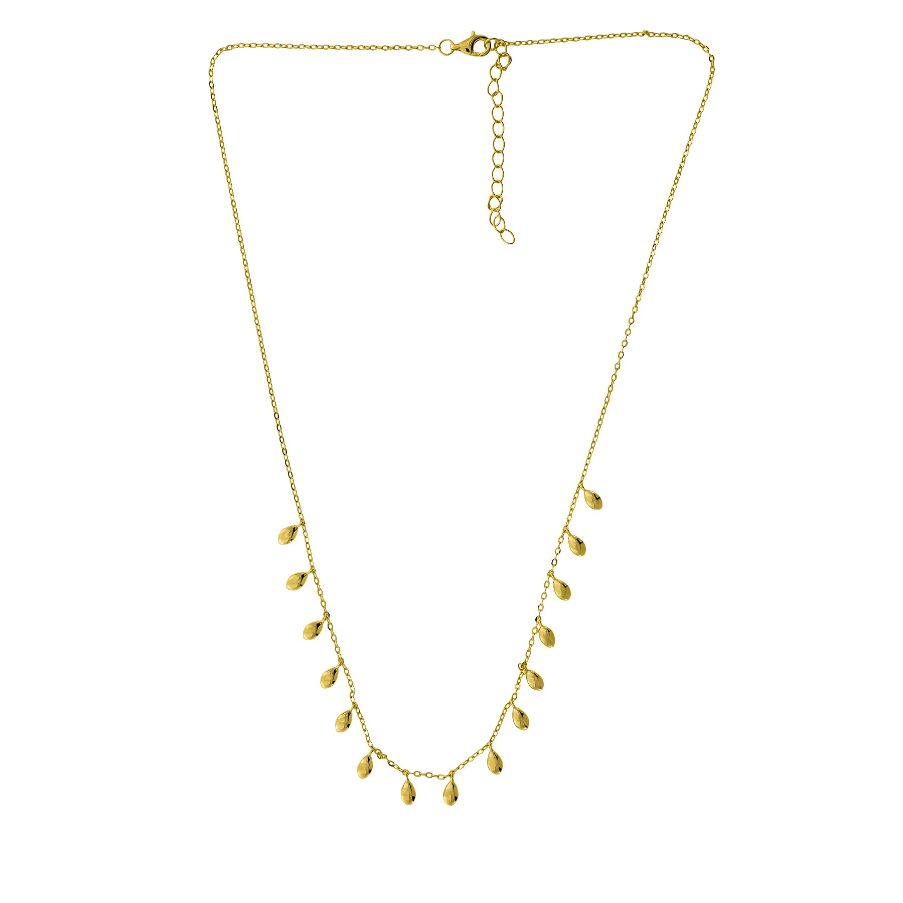 Delicate gold vermeil necklace featuring multiple small dangling raindrop-shaped charms along a fine adjustable chain, showcasing subtle sculptural elegance.